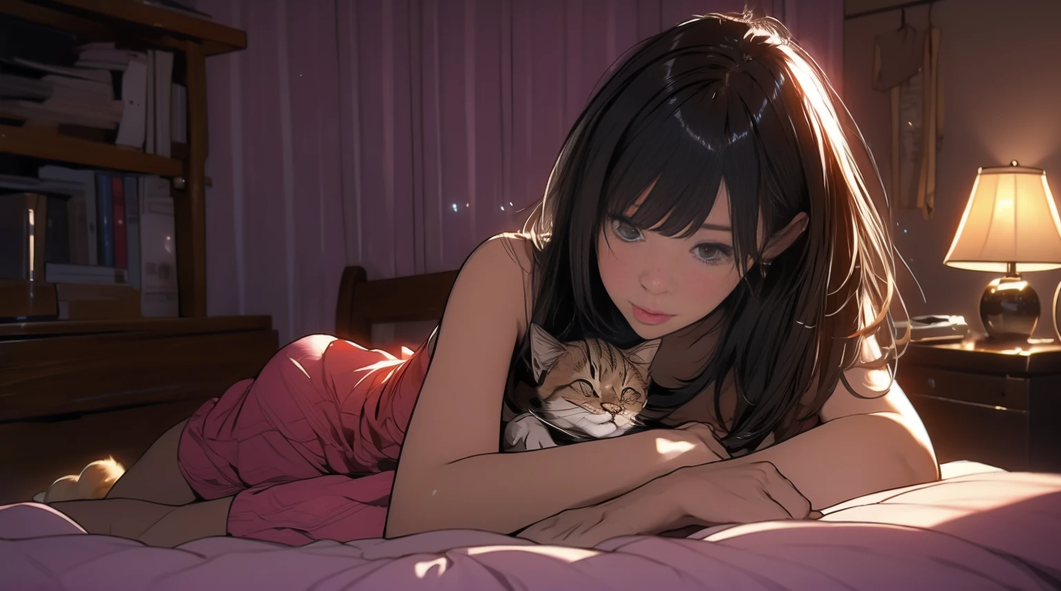 Sexy woman and cat sitting comfortably on sofa, Wide-angle lens, Lofi Anime, Lofi illustration, Aesthetic atmosphere, Lo-Fi Style, Vector art, Flat Design, Simple shape, Warm tones, Pleasant atmosphere, Chill, In anime style, Digital drawing, Vector art, Vector logo for t-shirt printing, (Adorable:1.5), (small:1.4), (Playful:1.2), (soft:1.3), (Whimsical:1.1), masterpiece, Highest quality, 8K, Intricate details, grow, Celestial, Mysterious, Picturesque, amazing, Majestic, Magic, Fantasy art, Cover art, dream-like