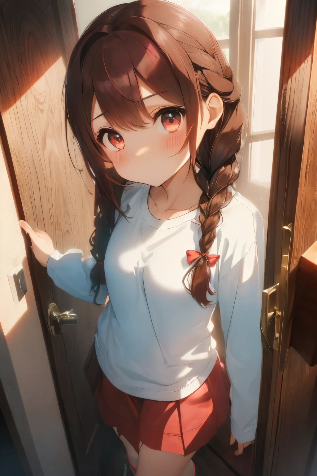 ((inside the entrance of your house)),((Slightly dim)),Long hair with soft volume,dark brown hair,(Braided shorthair),Slightly red tide,Red ribbons,(Brown eyes),((Plain white long sleeve T-shirt)),(Pink and light blue fluffy ruffle skirt),(Girls 10 and under),I put my hand on the door and look at you,((Troubled face)),Kamimei,((Short stature)),