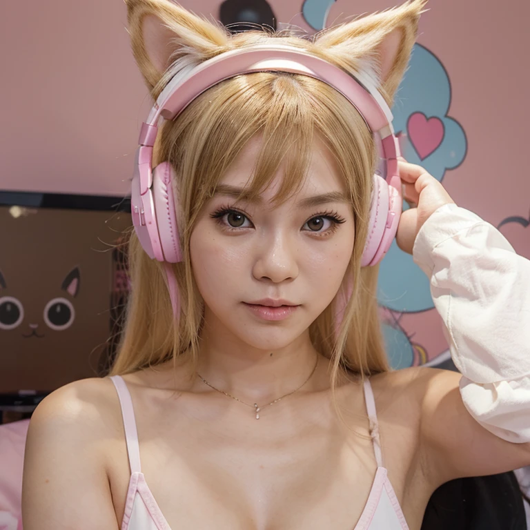 blond haired Chinese woman wearing pink ears and headphones posing for a picture, belle delphine, wearing cat ear headphones, very beautiful cute catgirl, sakimichan, attractive cat girl, anime girl in real life, anime girl cosplay, ulzzang, wearing gaming headset, ruan cute vtuber, anime girl with cat ears, naked body