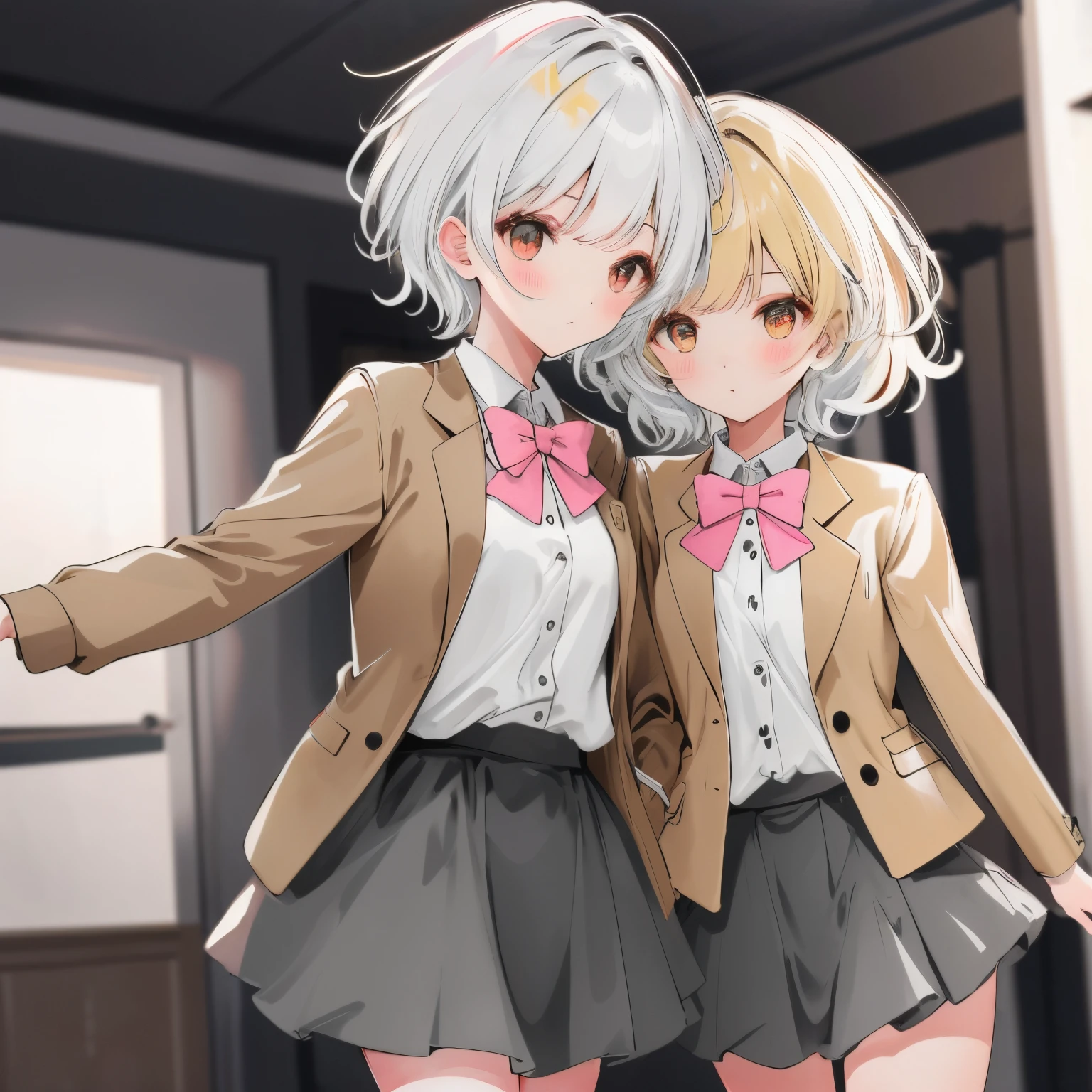 2 girls, BREAK ((yellow short hair)+brown eyes, brown jacket, Grey skirt, pink bow) BREAK , (long white hair+red eyes, brown jacket, Grey skirt, pink bow), dynamic pose, basement