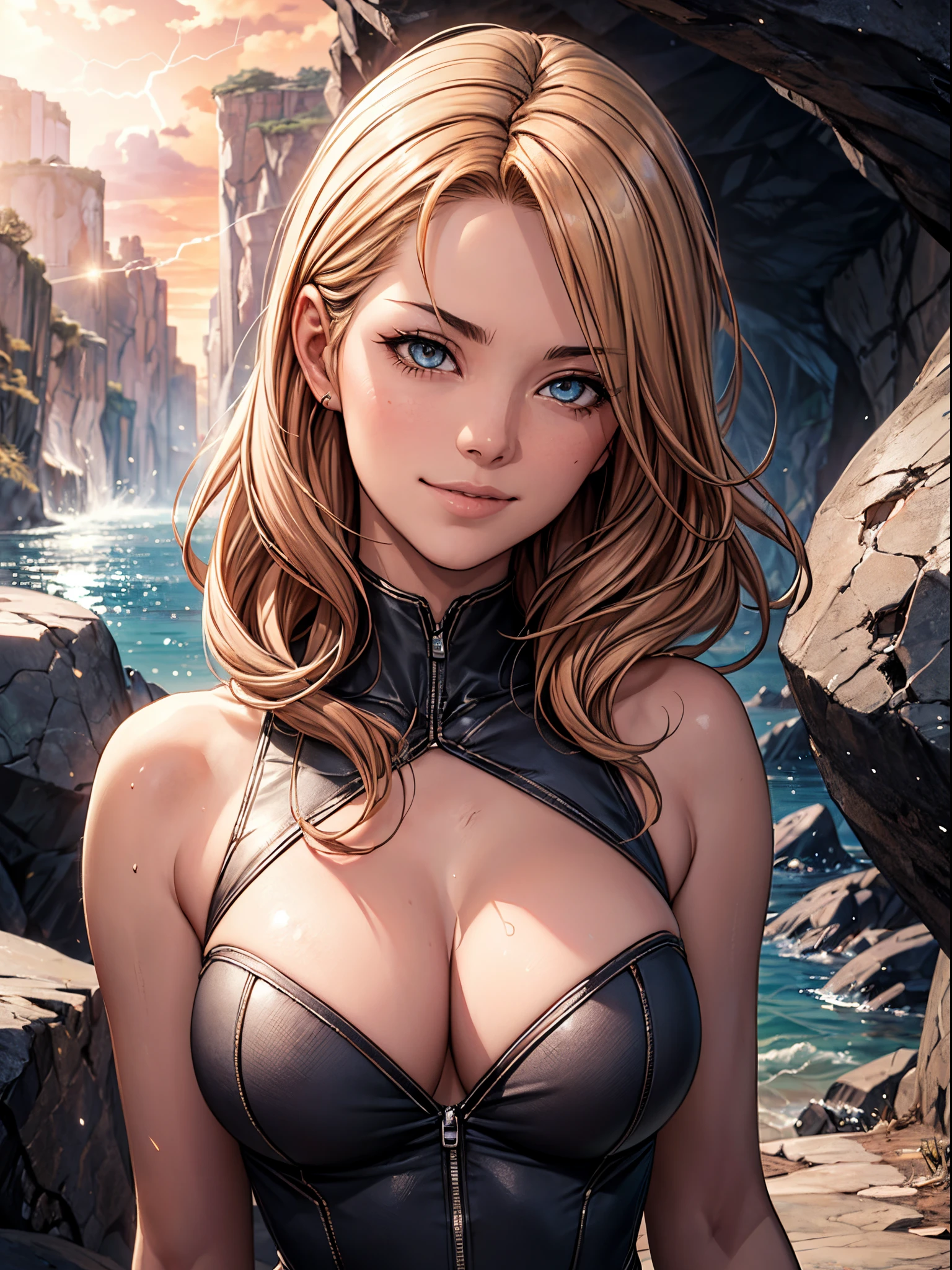 (masterpiece), (top-quality), sunset, natural lights, ,(realistic:1.5), Emma Stone as a Stunningly beautiful cave woman, fur clothes, tattered clothes, curvaceous, prehistoric, wavy hair, hair blowing in the wind, blonde_hair, tanned, wearing a skintight top, cleavage, sexy, sensual, hazel eyes, smiling, sexy pose, athletic, looking at viewer, eye contact, stunningly beautiful 20 years old prehistoric woman, sunset, detailed cave in background, foreground, neolithic, dynamic pose, action pose,alluring, seductive_pose, natural lights, cleavage, athletic body, medium breasts, upper body, mid shot, masterpiece, detailed, mature, bright colors, high saturation, stunningly beautiful girl, precise hands, seductive smile, happy, love, Clear eyes, Shining eyes,, ultra-definition, Top resolution, soft lightning