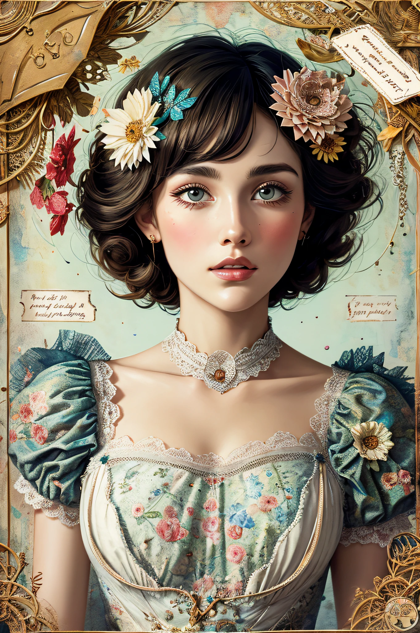Super detailed alcohol ink painting of gorgeous girl, Made on top of a mixed-media masterpiece patchwork of stress-free vintage script paper, Ephemera, Torn cardboard, Vintage newspaper, Vintage sheet music, Wax Seal, Dress made of paper ruffles and life-size dainty lace, in the style of [Junk Journal, double exposure, Equal to the size of the body, Greg Simkins, Mark Davis, Oliver Jeffers, Andy Kehoe], Cinematic, Stunning, Highly detailed, 8K, dehazed