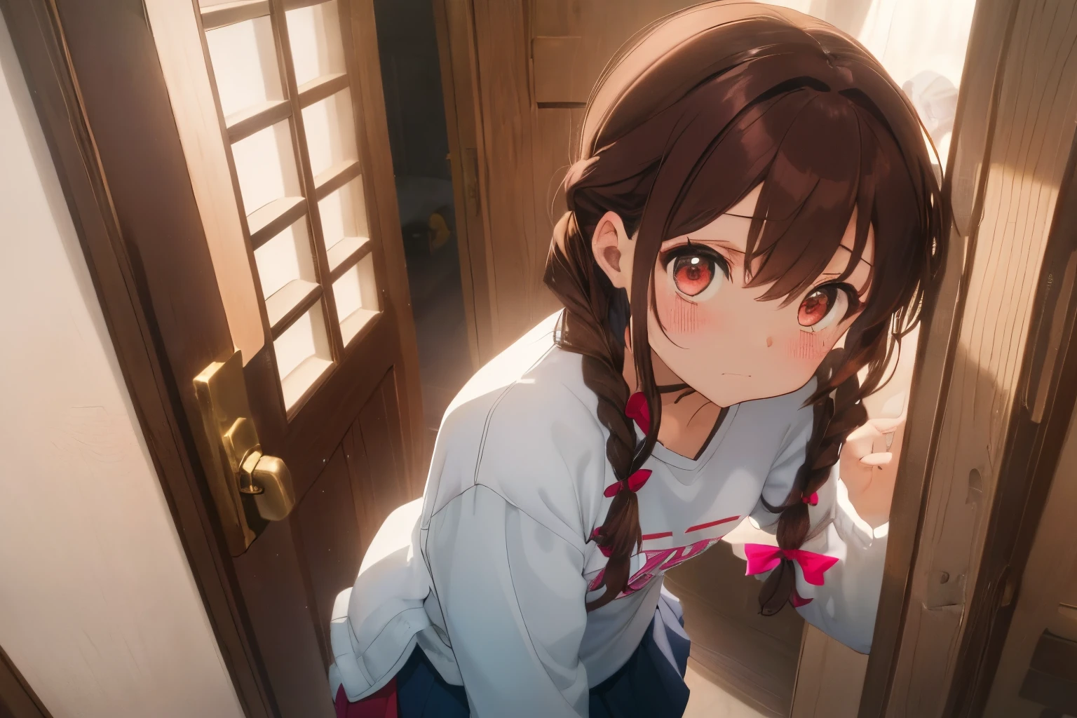 ((inside the entrance of your house)),((Slightly dim)),Long hair with soft volume,dark brown hair,(Braided shorthair),Slightly red tide,Red ribbons,(Brown eyes),((Plain white long sleeve T-shirt)),(Pink and light blue fluffy ruffle skirt),(Girls 10 and under),I put my hand on the door and look at you,((Troubled face)),Kamimei,((Short stature)),