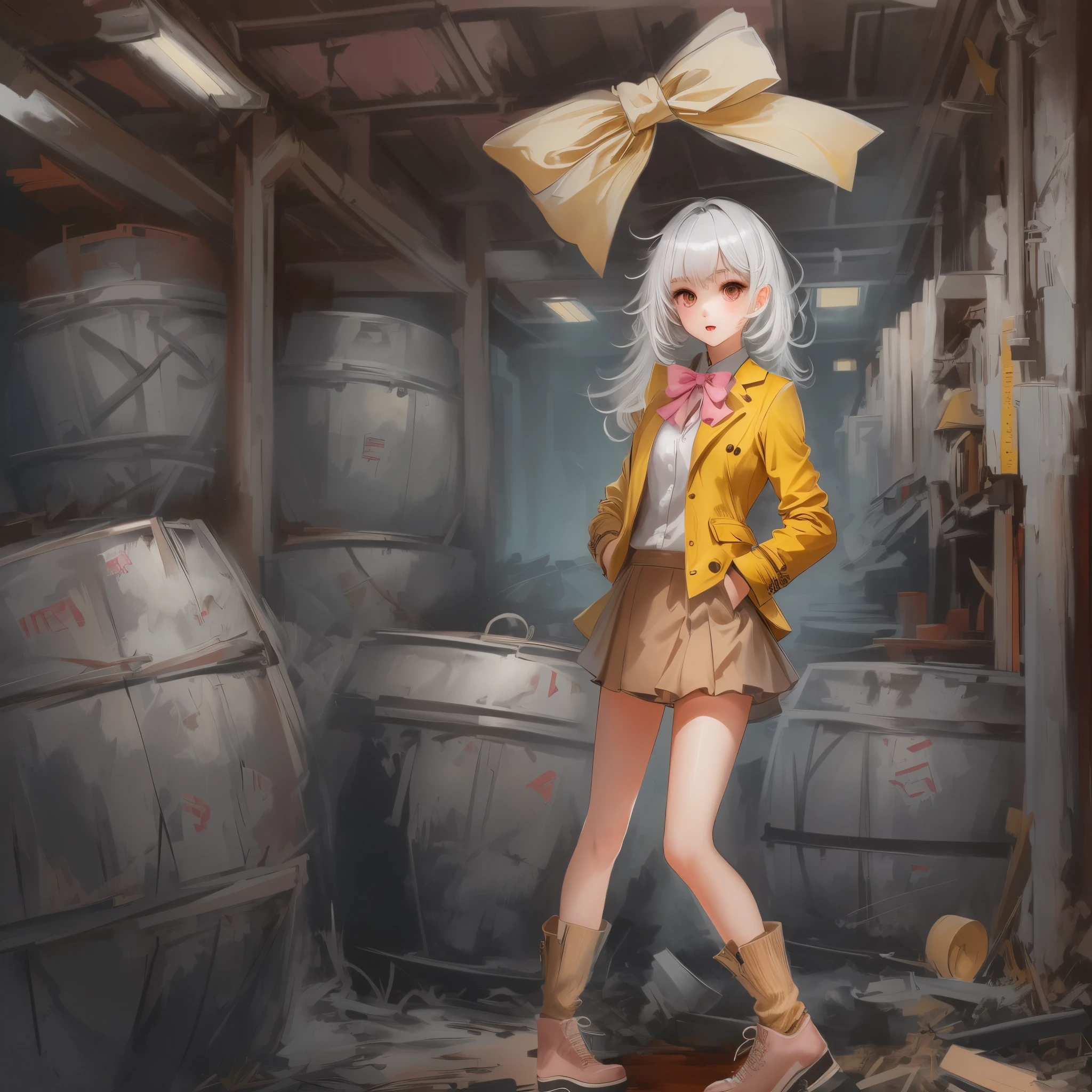 2 girls, BREAK ((yellow short hair)+brown eyes, brown jacket, Grey skirt, pink bow) BREAK , (long white hair+red eyes, brown jacket, Grey skirt, pink bow), dynamic pose, basement