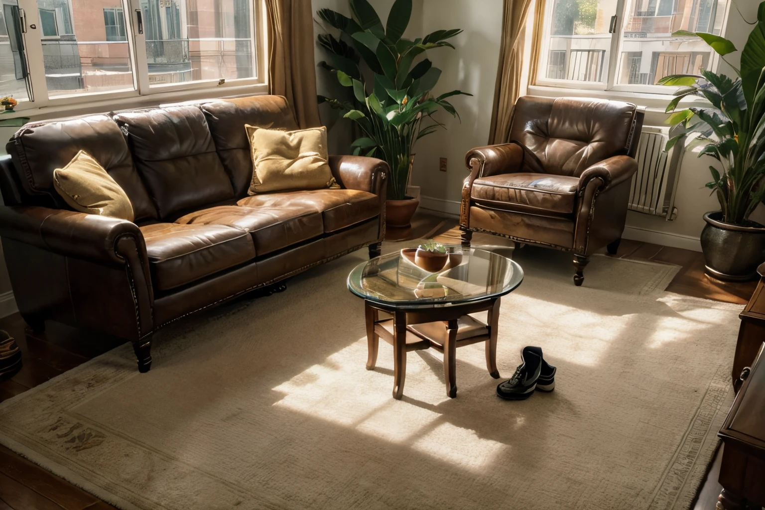 (masterpiece),(high quality), best quality, real,(realistic),(keen:1.2) super detailed, (full detail),(4k),8k,indoors,table, couch, potted plant, plant, scenery, chair, solo, wide shot, window, sitting, socks, instrument, plate, carpet, pillow, shoes,