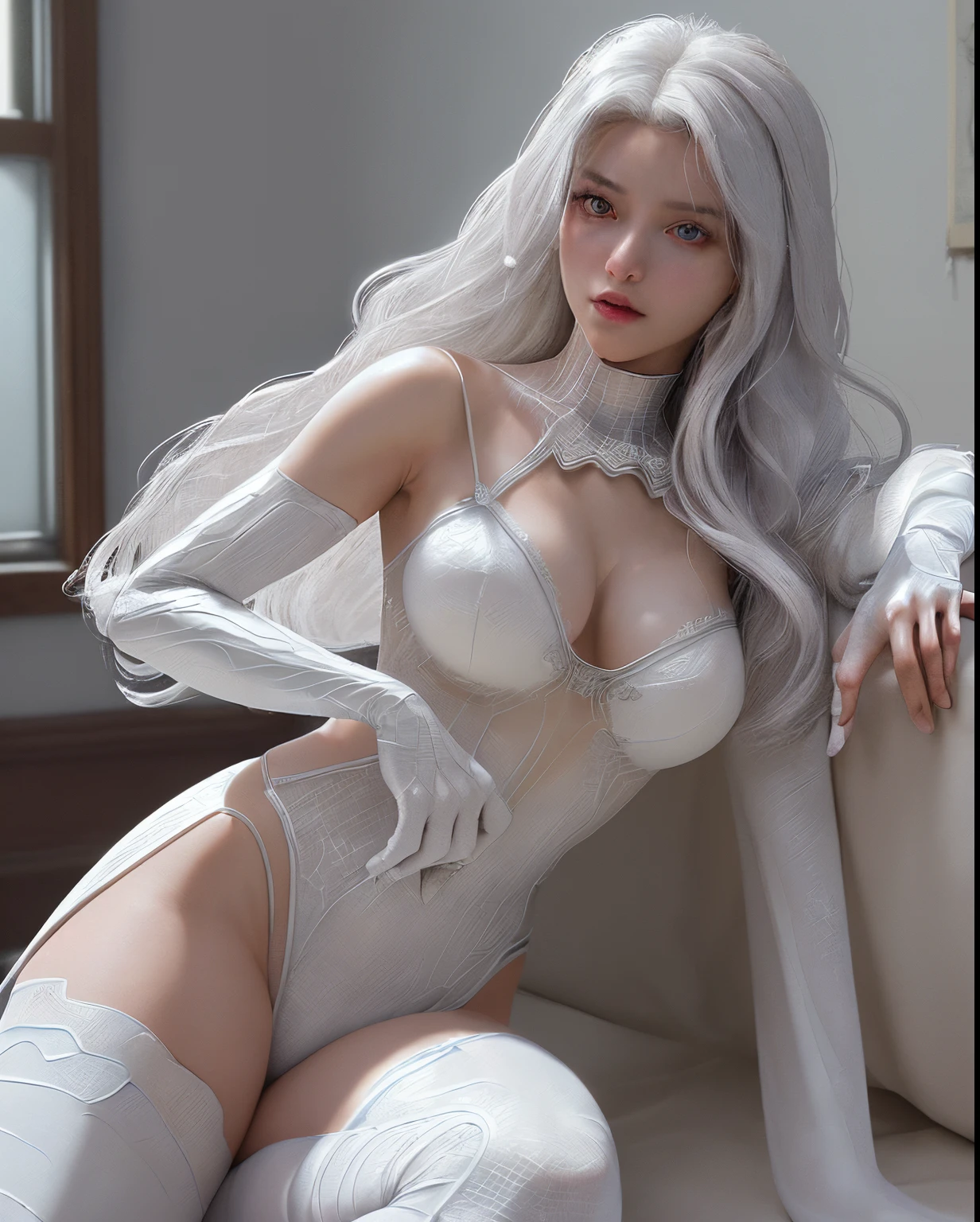 (Extreme Detail CG Unity 8K wallpaper, masterpiece, highest quality), (Exquisite lighting and shadow, highly dramatic picture, Cinematic lens effect), a beautiful girl in a white Spider-Man costume, white lingerie, silver gray hair color, long hair, from the Spider-Man parallel universe, Wenger, Marvel, Spider-Man, on the sofa, very beautiful face, dynamic pose), (excellent detail, excellent lighting, wide angle), (excellent rendego on ancient bed room, enough to stand out in its class), focus on white Spider-Man costumes, complex spider textures