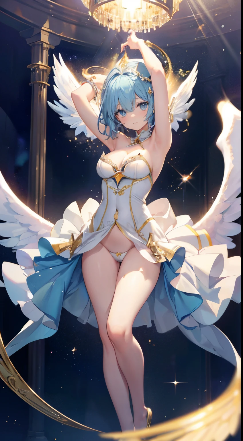 extra detailed face, Perfect Lighting, extremely details CG, 4K、8K、be shy、mournful smile、(Perfect hands, Perfect ???????)、Ultra-realistic photo of a girl in a majestic white and golden ball gown dress, Big beautiful dress, Complex puffy ball gown with lots of frills and rhinestones (Best Quality, masutepiece, ((Angel wings:1.2))。 art stations, Fantasy Art:1.2), Palace rooms, Beautiful cute girl, Rem of Rezero、(Blue shorthair:1.3), Bangs hide one eye、(Complex short gold skirt, Bare legs:1.2, Full body shot)、very Bigger breasts、cleavage of the breast、Nipples show through、White panties、(Clearly visible detailed female pubic shape: 1.4)、skirt rift、Thin leg、Skinny Legs、very very short skirt