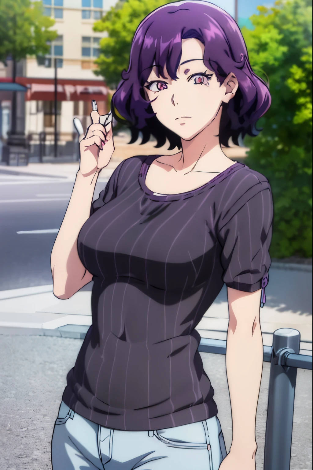 masterpiece, (best quality), 1woman, ,hamaoka_azusa, purple hair , medium hair,sexy woman, casual clothes,best quality , vibrant colors ,natural lighting ,RTX, beautiful, (detailed face:1.2), showcase, (photorealistic:1.1), 8k uhd, looking a viewer, simple backround