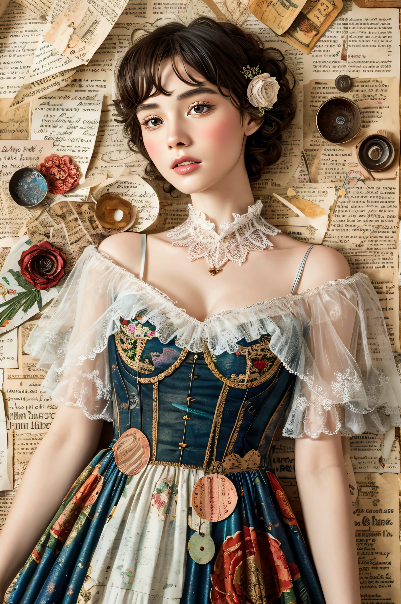 Super detailed alcohol ink painting of gorgeous girl, Made on top of a mixed-media masterpiece patchwork of stress-free vintage script paper, Ephemera, Torn cardboard, Vintage newspaper, Vintage sheet music, Wax Seal, Dress made of paper ruffles and life-size dainty lace, in the style of [Junk Journal, double exposure, Equal to the size of the body, Greg Simkins, Mark Davis, Oliver Jeffers, Andy Kehoe], Cinematic, Stunning, Highly detailed, 8K, dehazed