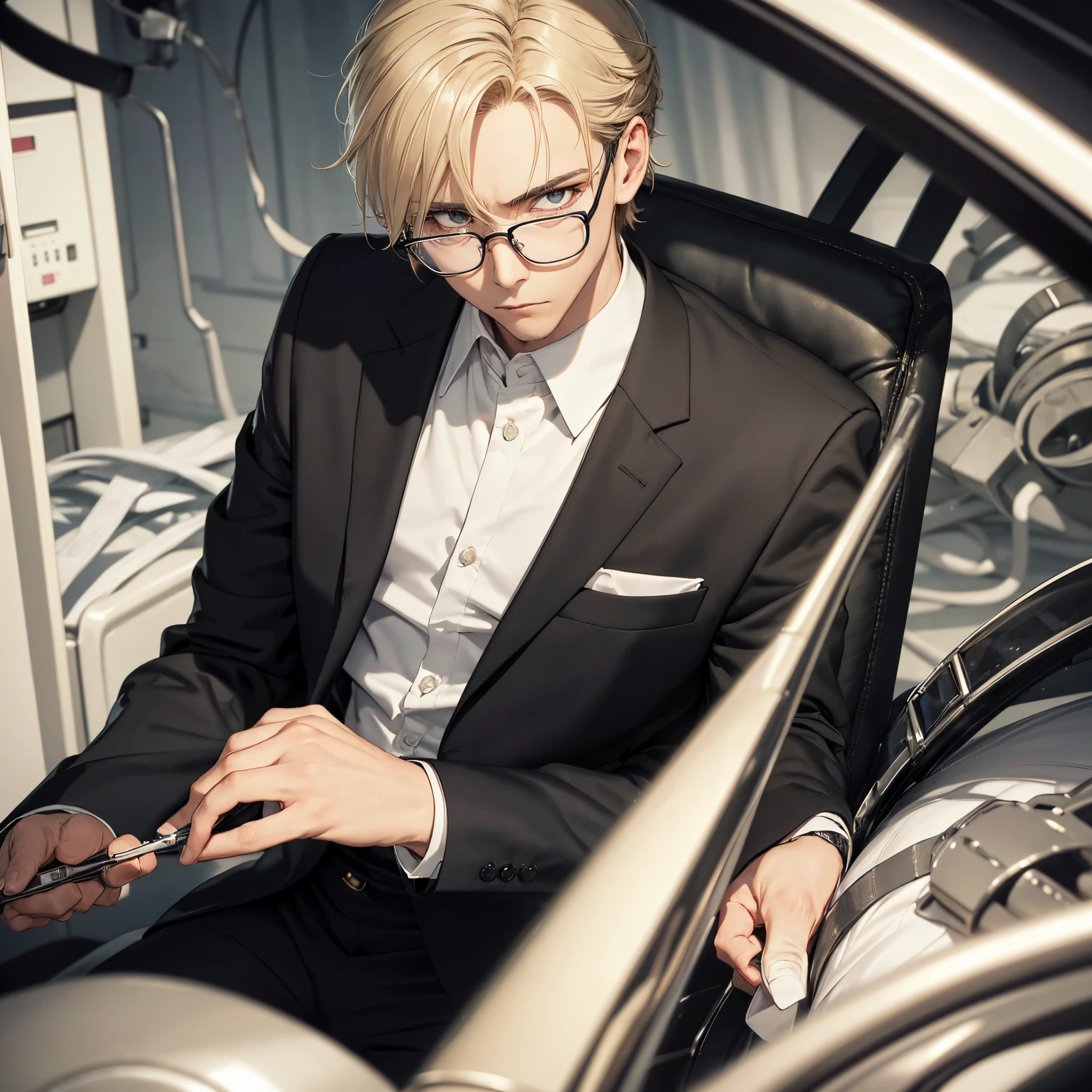 Absurd resolution, A high resolution, (tmasterpiece: 1.4), hyper-detailing, 1boys, Face focus, the night, Mature men, Successful people, Black suit, jaket, white shirt, Serious and cold expression, Sitting in a limousine (1.3)1.9 meters,年轻,About 30 years old,wearing black suits,Wears gold-rimmed glasses,Scalpel in hand,looks very serious,Without expression。cabellos largos dorados