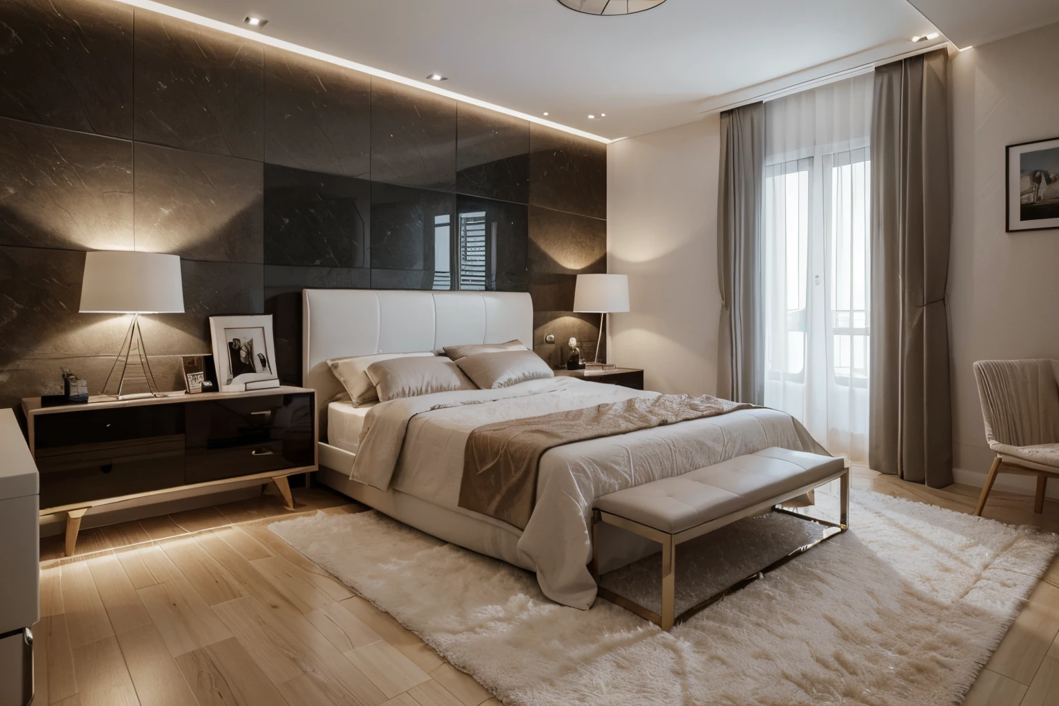 3D design double bedroom decoration, com estilo decorativo moderno, contendo cama, tv, LED light with indirect lighting, quadro na parede, cortina, poltrona de descanso, 3D ultra-realista, alta resolução, alta qualidade