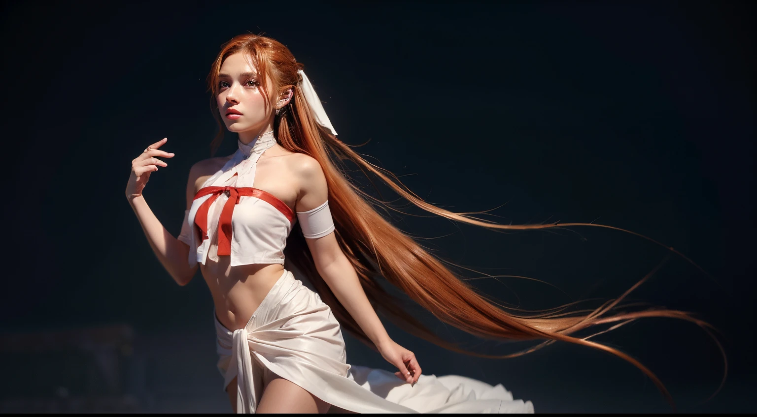 masterpiece, best quality, white dress, crop top, white fabric armlet, detached sleeves, (bare arms:1.1), navel, midriff, bare shoulders, red ribbon, pointy ears, ear cover, orange hair, brown eyes,