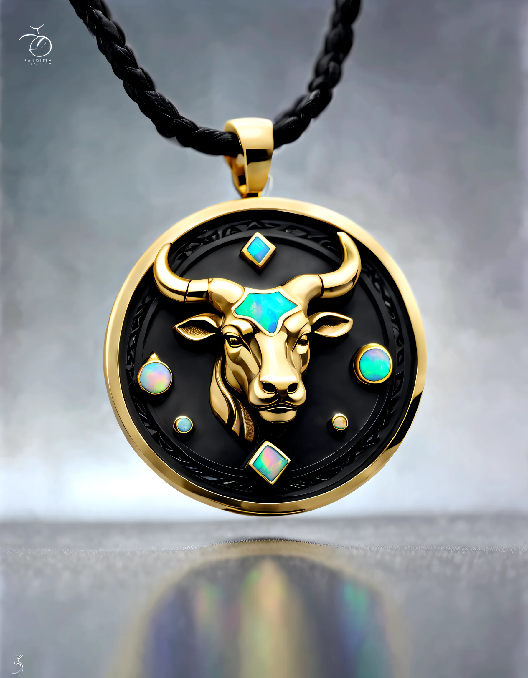 antonio canova style，Item design, Brand design, Logo design, (Abstract Taurus black round pendant), (Engraved with a golden calf head), (double opal: 1.3), (Taurus zodiac symbol: 1.2), (Cindy Xu letters are engraved on the side), (Black leather rope), (Black gold border: 1.1), Frosted process, Geometric patterns, Black stone, Exquisite and complex structure, Boho Style, Van Cleopal, cartier, Background with: The white, jewelry photography, hyper HD, high qulity,