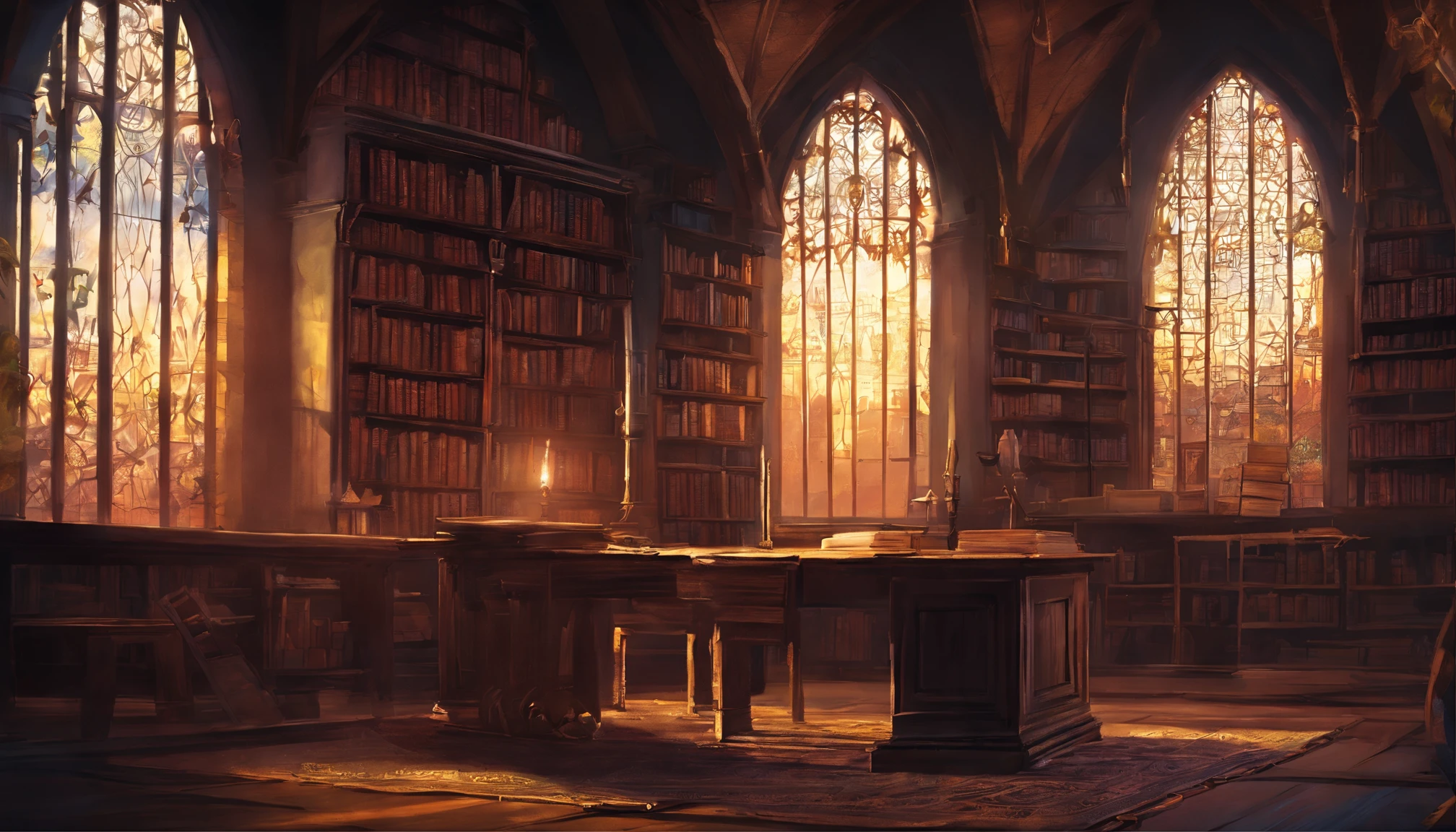 1 medieval study room, a desk by a tall window with many book shelves, a scholarly room in the dusk light, atmosphere is serene and pleasantly cool