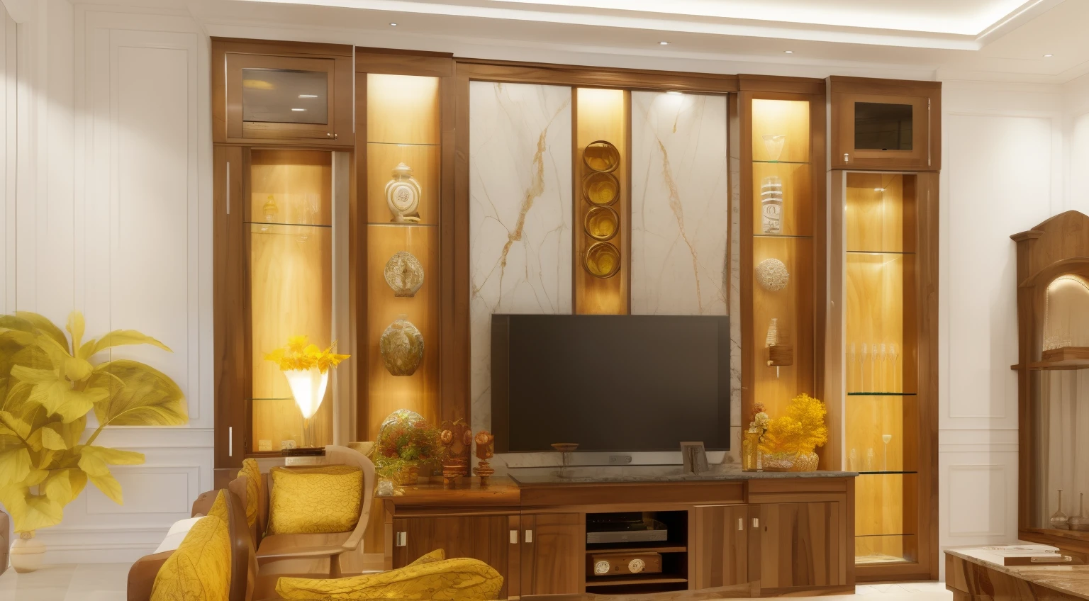Natural wood interior wall decoration in the living room. The space between the two windows is decorated with large marble panels. Wine cabinets are decorated on both sides of the window. Below is the TV shelf. decorated in neoclassical style, warm colors, yellow decorative lights, beautiful natural photos living room