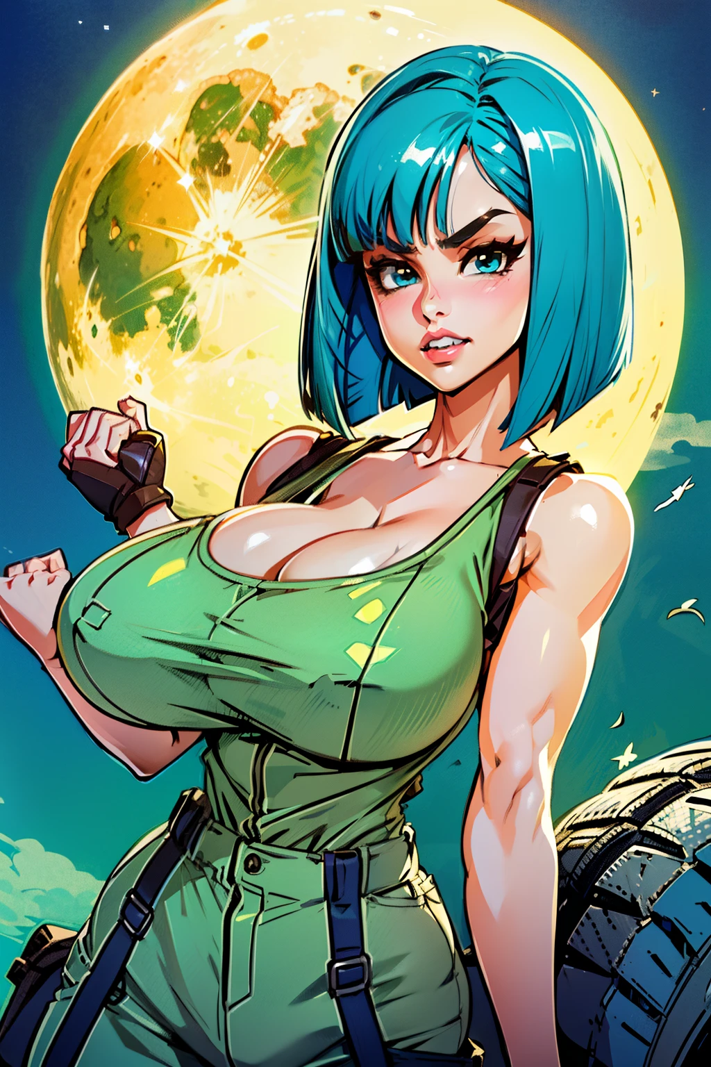 Waifu, masterpiece, curvy, breasts, moon, full moon, gloves, 1girl, clenched teeth, bulma, cleavage, large breasts, teeth, ((aqua hair)), ((white tank top:1.2)), blue eyes, rating:explicit,rule34, hardcore, tits,clenched hands, night, sky, ((brown cargo pants:1.4)),(white skin:1.4), bare shoulders, blue hair, clenched hand, rating:questionable, ((long bob:1.5)), belt, solo, angry, lip biting(gigantic and massive tits:1.1), breasts, official illustration, illustration, detailed face, beautiful intricate eyes, curvy milf, 1:2), titsnipples