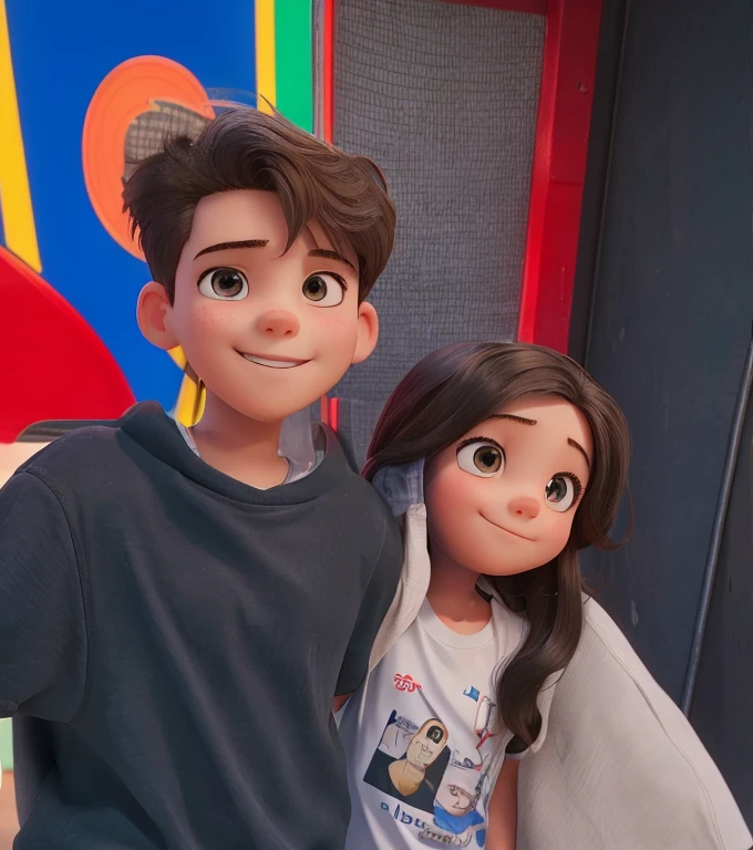 Boy is holding the camera, girl is beside the boy. Color picture.Girl and boy smiling. Girl has open hair by her side.Picture should be clear.Girl is wearing a white T shirt.