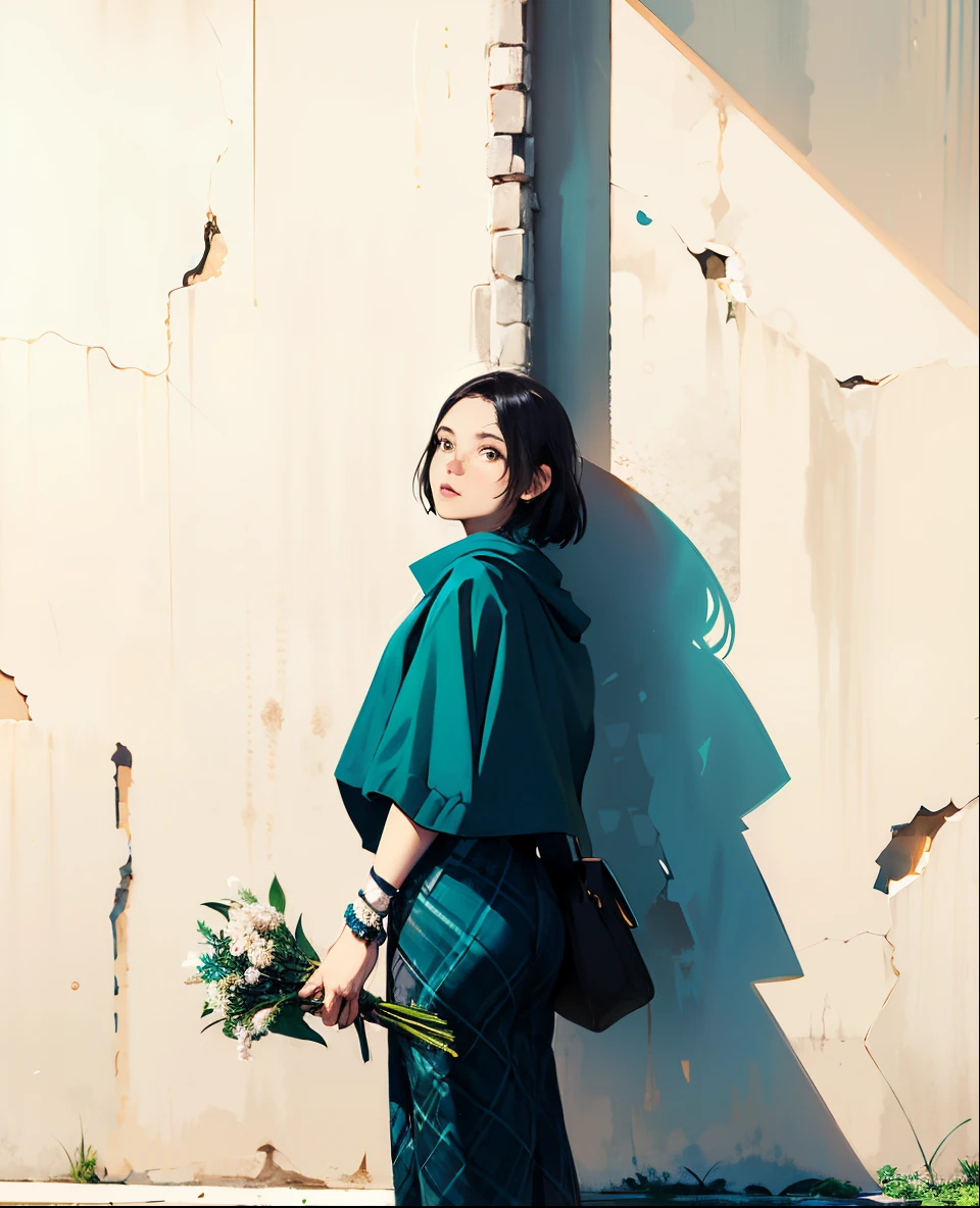 a woman standing in front of a white wall holding a bouquet, with short hair, lofi girl, with ivy, with teal clothes, with flowers, low quality photo, with cape, green clothes, photoshoot, smooth in _ the background, lofi girl aesthetic, 🤤 girl portrait, aesthetic!!, dressed with long fluent clothes, casual pose, simple aesthetic