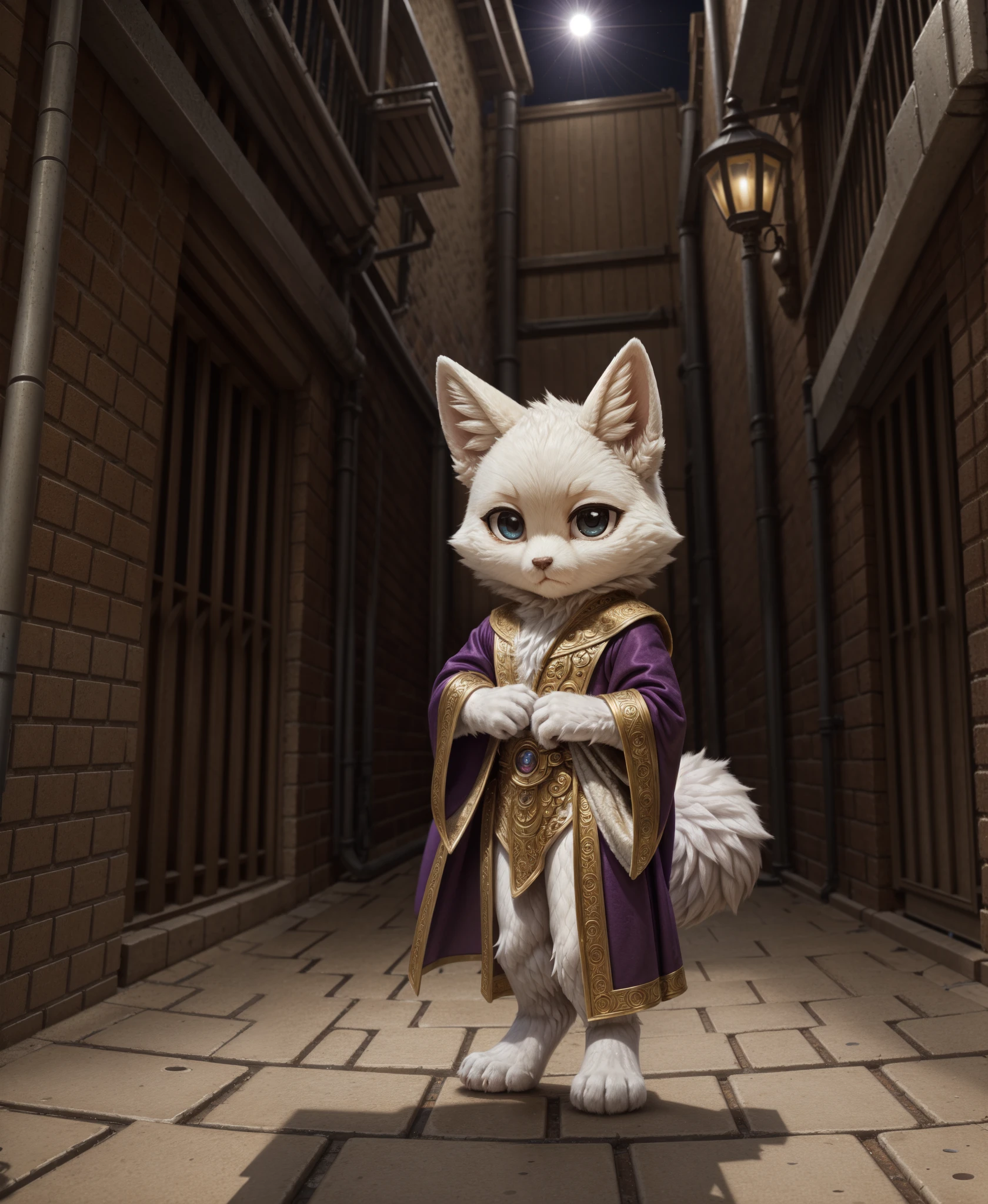 (master quality), (perfect anatomy), (king), (chibi mimiga duo), :<, fully body, digitigrade, purple robe, modern alley, dramatic pose, dramatic lighting, white fur, fluffy fur, (black/big/oval eyes), fluffy tail, solo/alone, sole focus