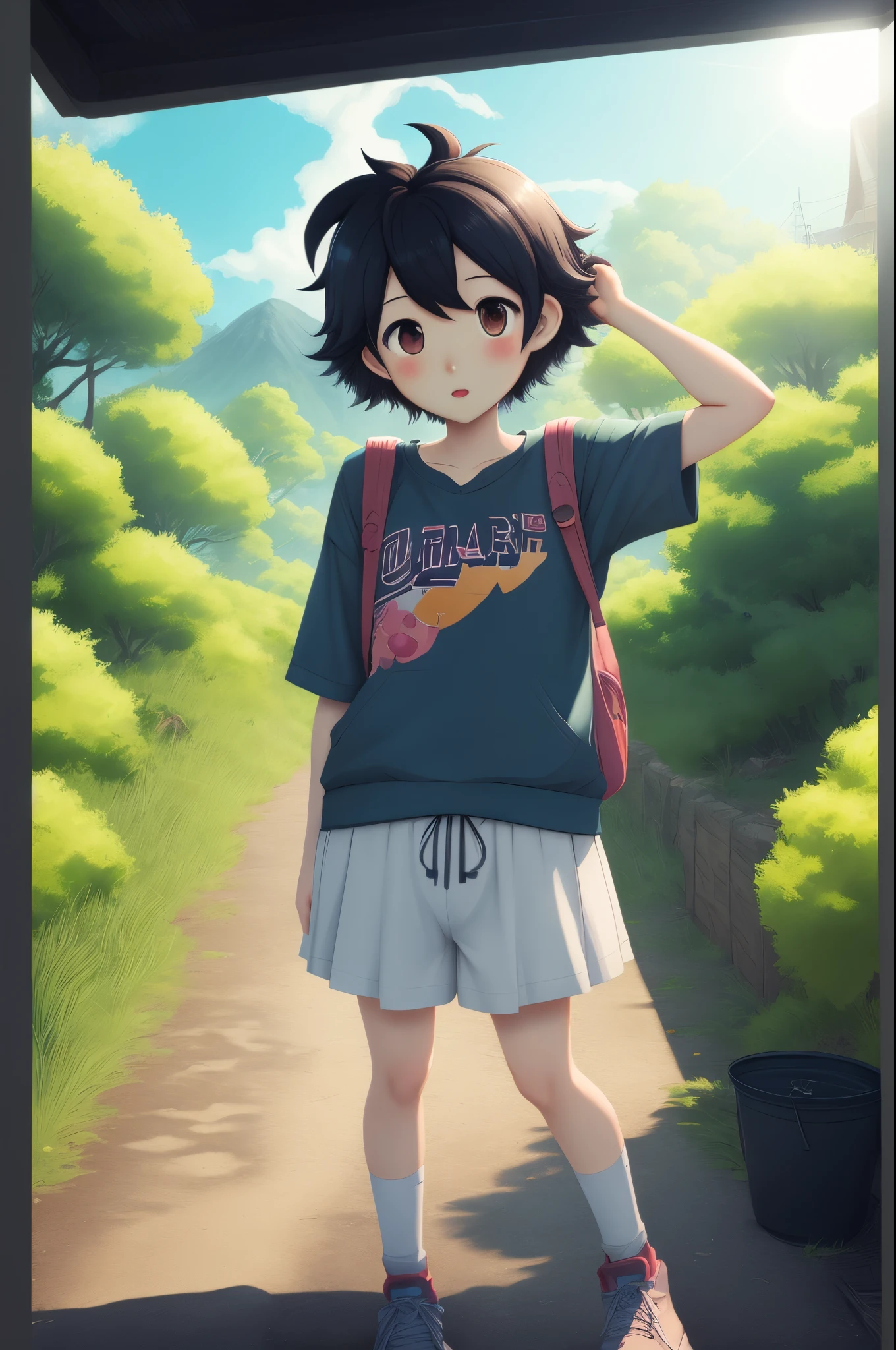 aquarelle,springtime,In nature,A little girl in a white shirt,Pink shorts,wearing pink hat,Bring a pink backpack,Wear pink sneakers on your feet。