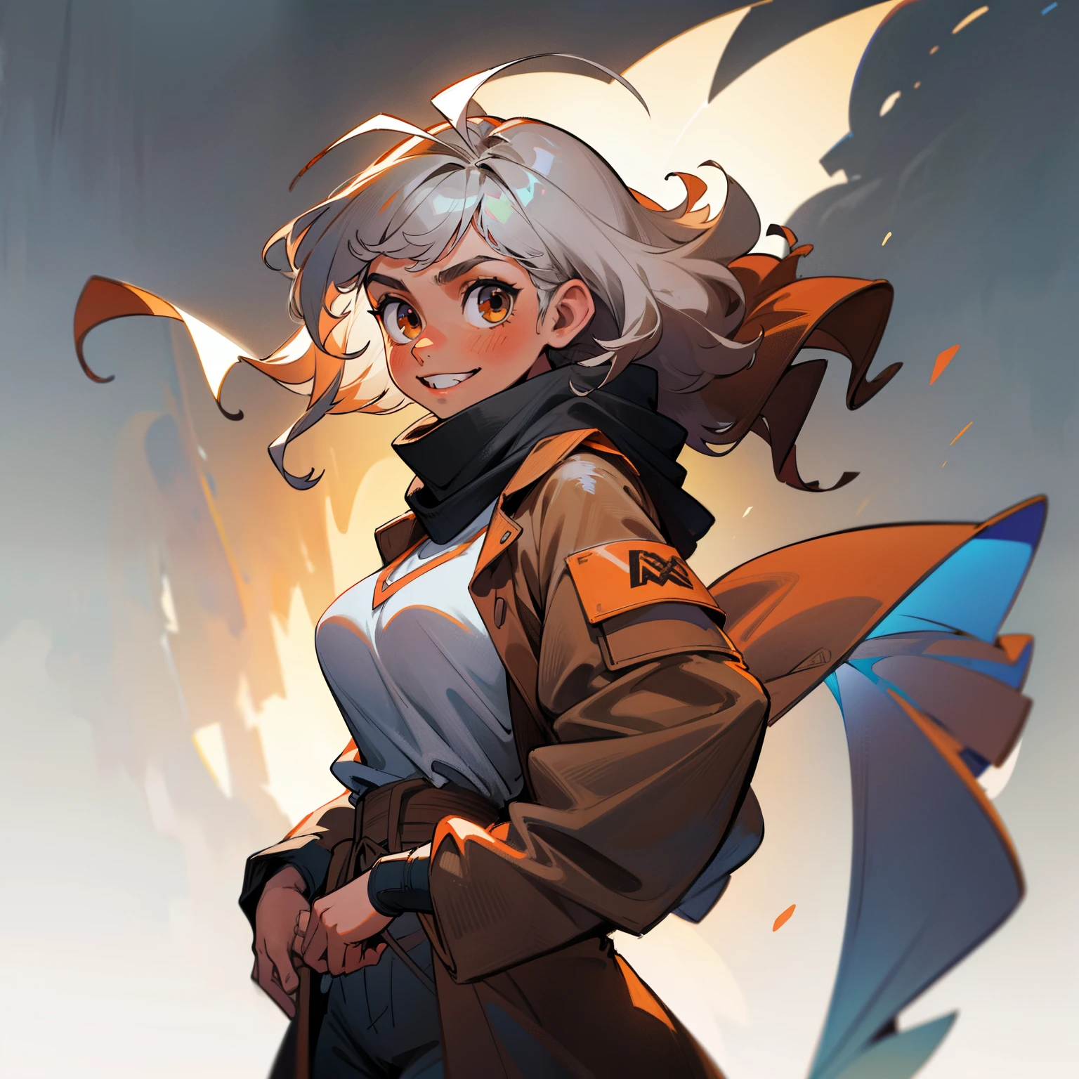 curly hair, 8k, super detail, textured skin, high details, brown hair, brown skin, Hispanic, cuteshort, cute, tan skin, huge breasts. 1girl, {solo}, upper body ,{{ {looking at viewer}}}, arm at side, concept art, white background, simple background, white hair, silver gradiient hair , complex cloth, asymmetrical clothes, best quality, masterpiece, dynamic angle, cowboy_shot, looking_back, grabbing, girl,woman,female, young,20 years old, medium length hair, flipped hair, silver hair, flowing hair, ahoge, smirk, beautiful and delicate brown eyes, teeth, brown eyes, brown skin, Hispanic, coat, scarf, flowing scarf, large scarf, white shirt, black_shorts, grey Clothes, transparent_background, backlighting, absurdres, highres, ultra detailed,