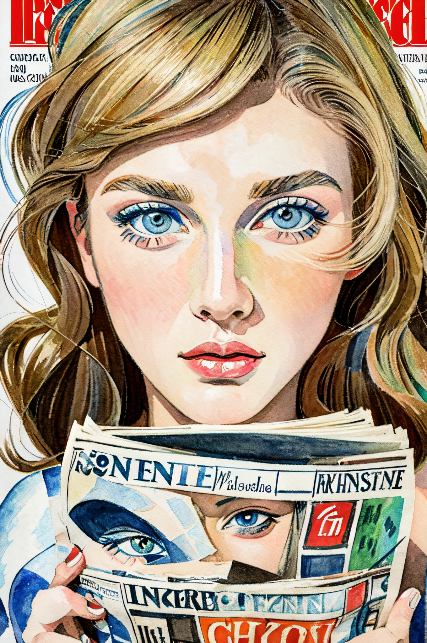 Sketched, watercolor paiting, Collage of Picasso and Robert Delaunay, cubism, Abstract, Cute daughter, big clear blue eyes, Little red cheeks, Blonde long-haired, Face-centric, Against the backdrop of newspapers and fashion magazines, Intricate Brushwork, high-level image quality, A breathtaking masterpiece