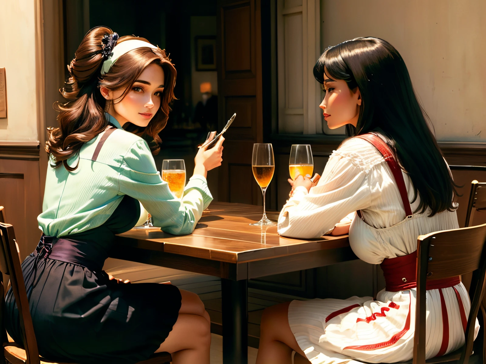 two women sitting at table side view