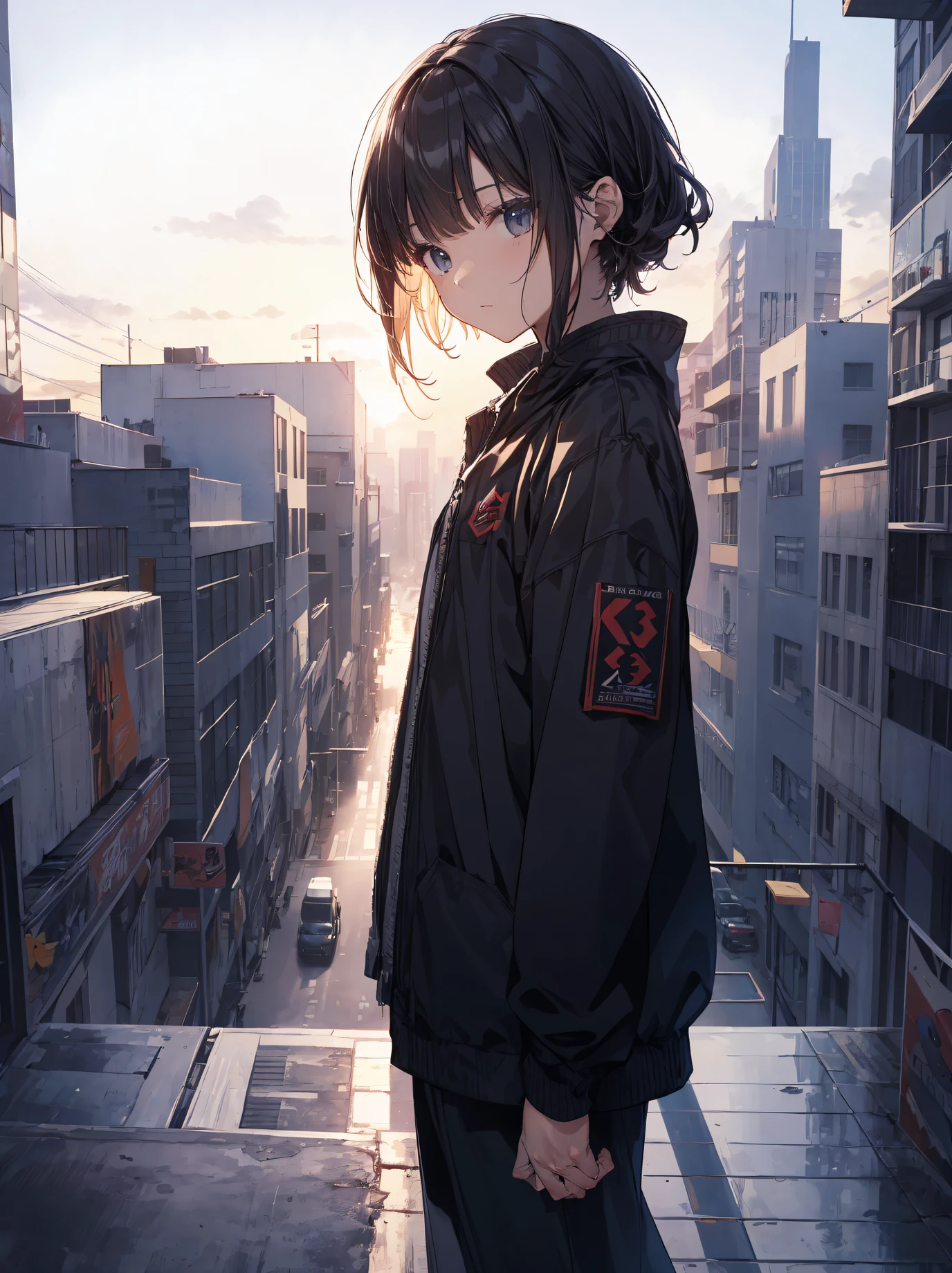 Ninjas are... cool and... fast.!God quality, anime moe artstyle,best anime 8k konachan wallpaper,badass anime 8k,perfect anatomy, (Please draw a picture of a ninja girl looking down on the city from the rooftop.)from diagonally above,dutch angle,break, 1girl is ninja, (Solo,Loli,,13-ye-ol3), aogynous charm, (Very Short hair), blunt bangs, Full limbs, complete fingers,flat chest, Small butt, groin, Small eyes,finely 8k detailed beautiful black eyes, stand on the skyscraper rooftop. break, I on a mission.。Sasasasa...。ultra-detailed,high resolution,super detailed skin, professional lighting, (cool illustration:1.2),