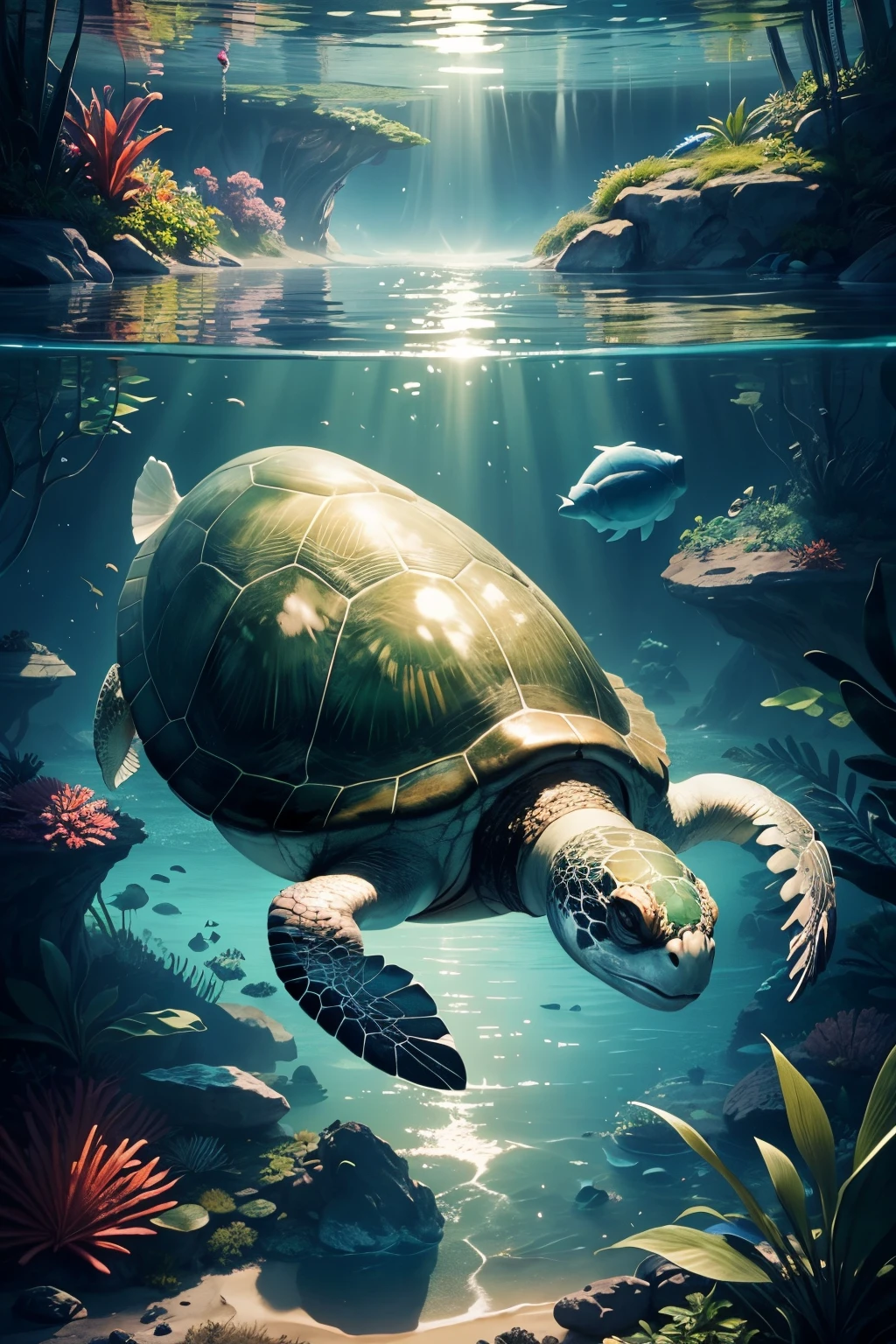 “Imagine a colossal, ancient giant turtle gracefully swimming through the depths of the ocean. Its massive shell is adorned with a lush and vibrant forest, complete with towering trees, colorful flora, and a hidden temple nestled among the foliage. The turtle moves with a serene and steady pace, creating ripples in the water as it carries this miniature ecosystem atop its back. Capture the breathtaking moment when the sunlight pierces through the water, illuminating the turtle’s majestic presence and casting enchanting shadows on the surrounding marine life. Let your imagination run wild and create a visually captivating scene that showcases the harmonious coexistence of nature, mythology, and the vastness of the ocean.”