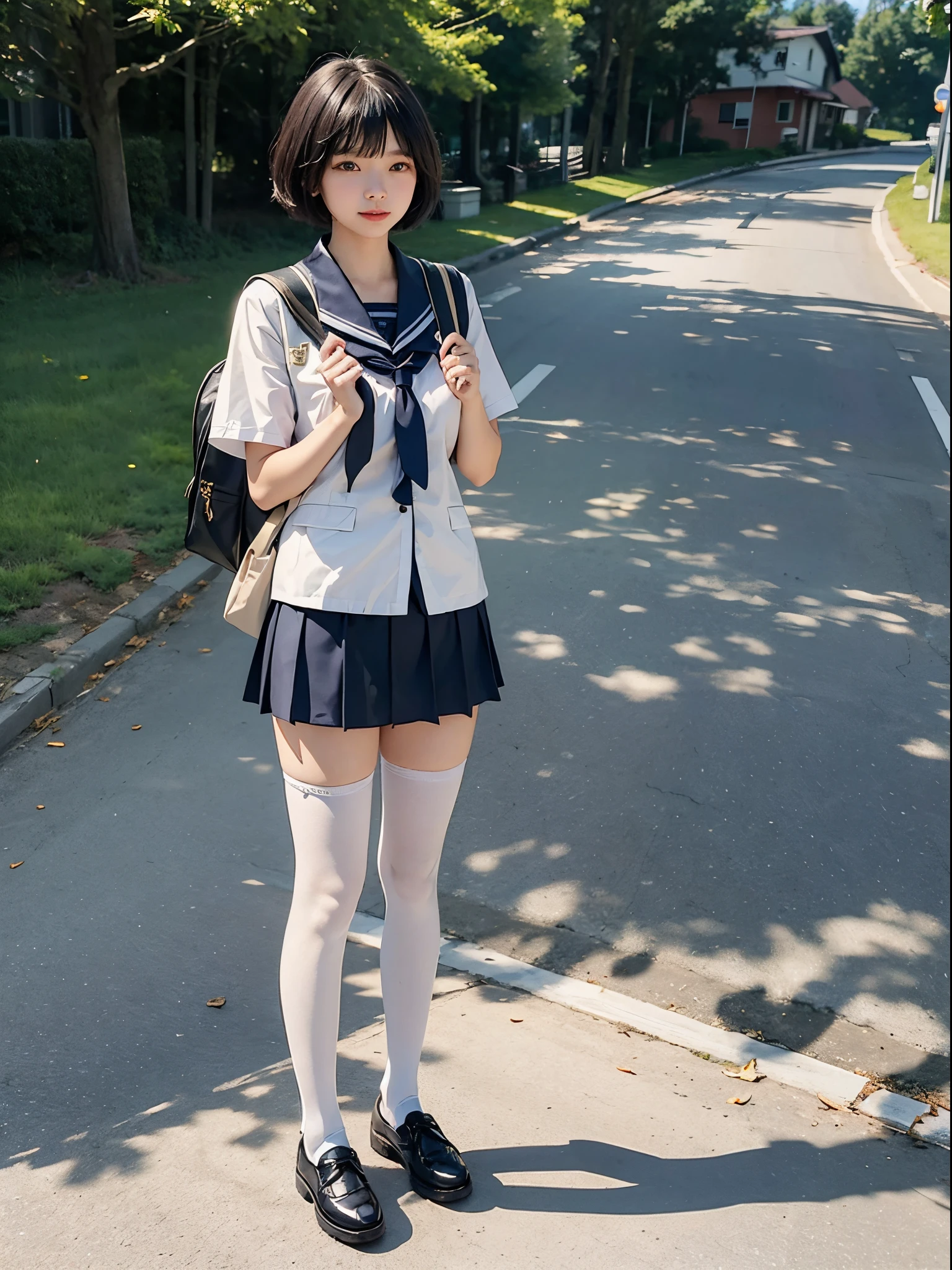 Best Picture Quality, tmasterpiece, 超高分辨率,Air bangs short hair,JK school uniform,on the sunny road。and the sun was shining brightly (Fidelity:1.4), photore, 1 girl,Black stockings,, JK school uniform
