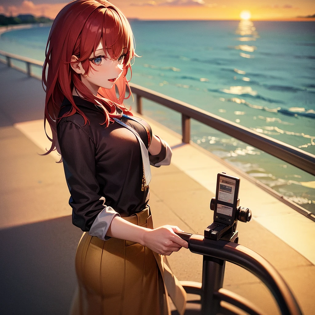 drive a classic car, grip the handle with both hands, one red long hair woman, glossy mouth, enjoy, ocean side public road, side view, background sunset ocesn.
