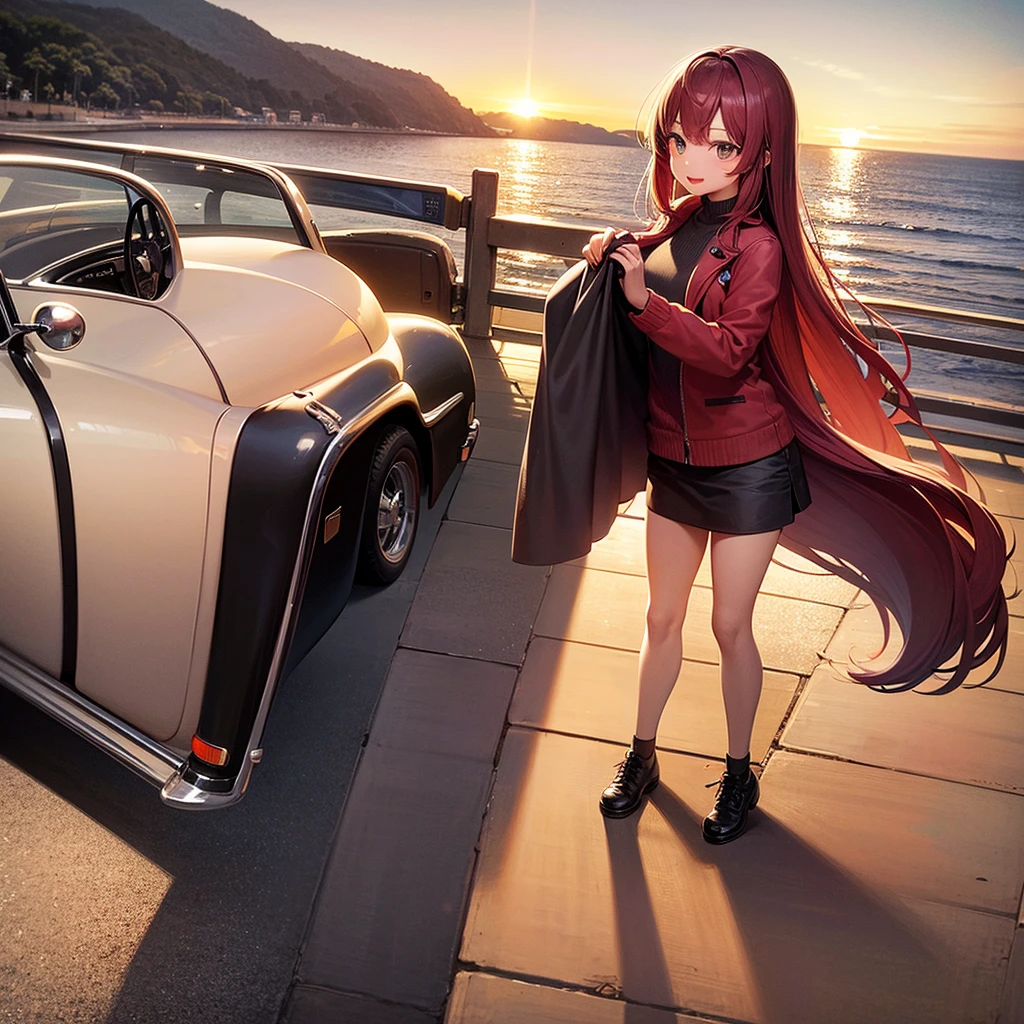 drive a classic car, grip the handle with both hands, one red long hair woman, glossy mouth, enjoy, ocean side public road, side view, background sunset ocesn.