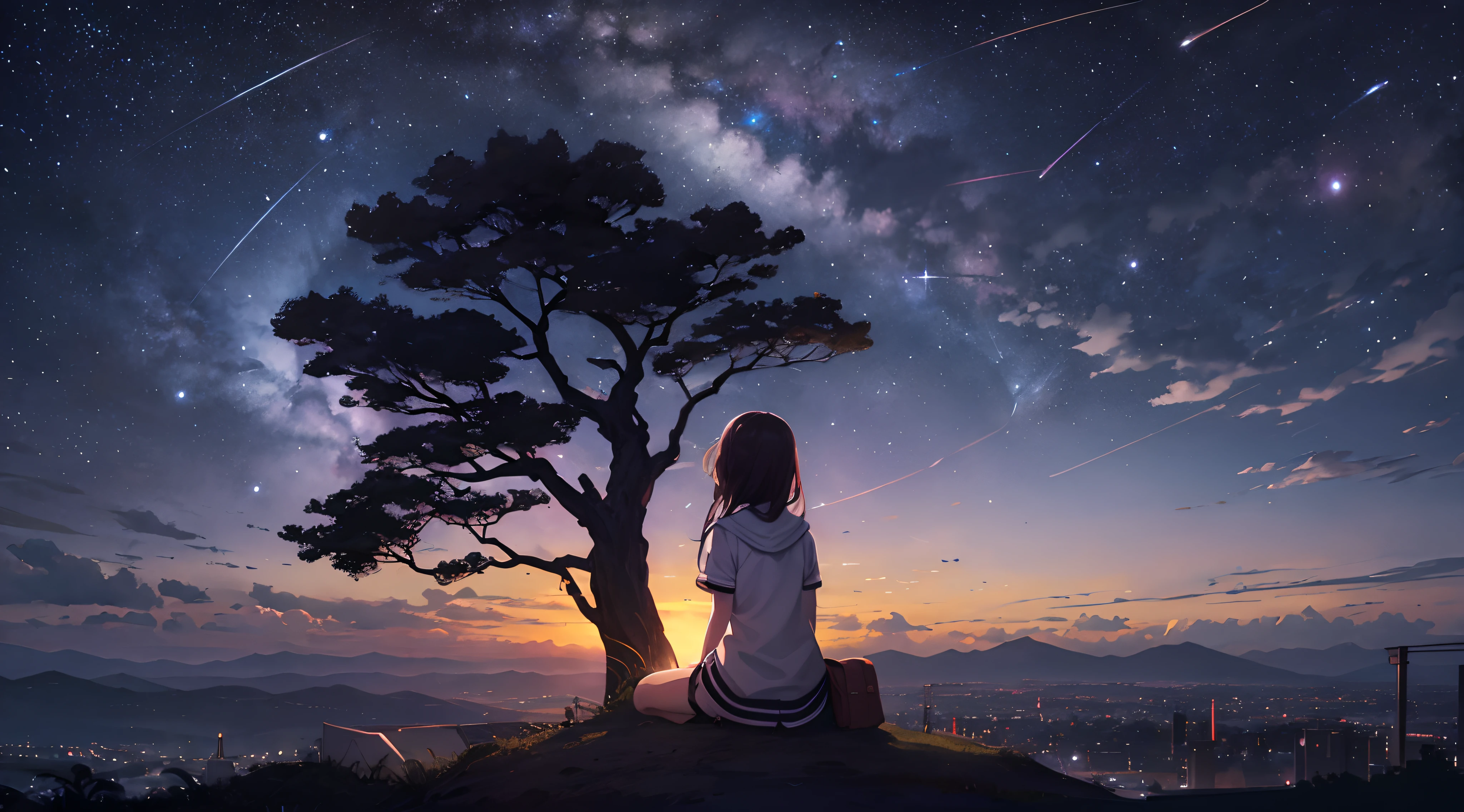 octans, Skysky, stele(Skysky), landscapes, starrysky, natta, 1girl in, nigh sky, 独奏, plein air, built, ​​clouds, milkyway, sitting on, The tree, length hair, 城市, silhuette, Cityscape ,Shinkai Makotokaze