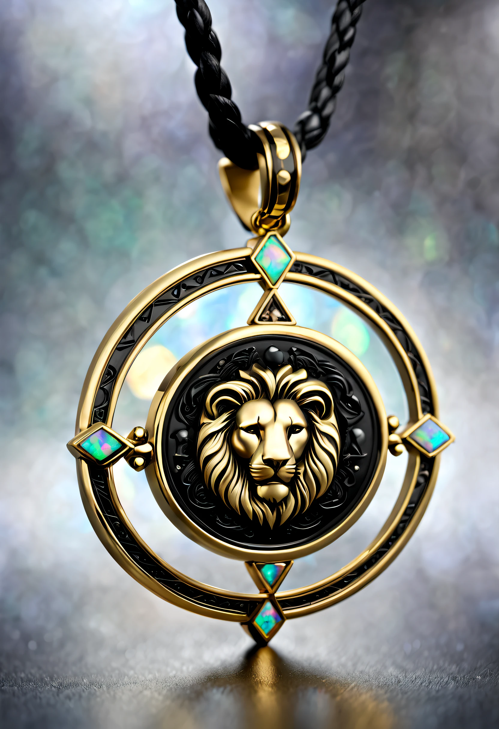 antonio canova style，Item design, Brand design, Logo design, 
(Abstract leo black round pendant), (Small engraved gold lion head), (double opal: 1.3), (leo zodiac symbol: 1.2), (Cindy Xu letters are engraved on the side), (Black leather rope), (Black gold border: 1.1), Frosted process, Geometric patterns, Black stone, Exquisite and complex structure, Boho Style, Van Cleopal, cartier, Background with: The white, jewelry photography, hyper HD, high qulity,