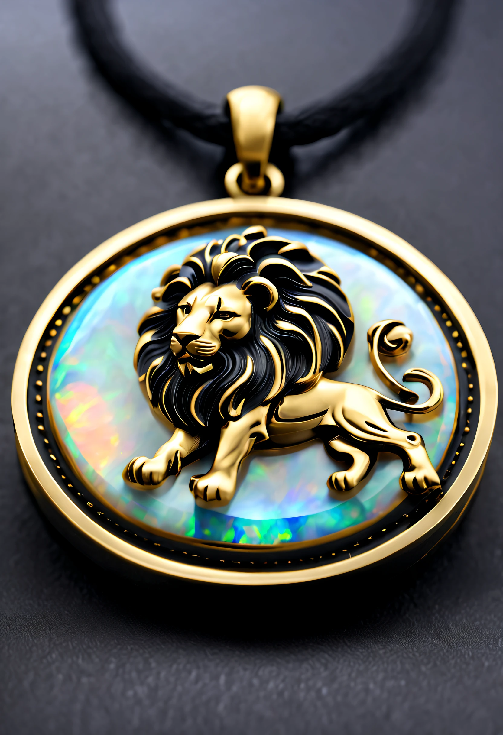 antonio canova style，Item design, Brand design, Logo design, 
(Abstract leo black round pendant), (Small engraved gold lion head), (double opal: 1.3), (leo zodiac symbol: 1.2), (Cindy Xu letters are engraved on the side), (Black leather rope), (Black gold border: 1.1), Frosted process, Geometric patterns, Black stone, Exquisite and complex structure, Boho Style, Van Cleopal, cartier, Background with: The white, jewelry photography, hyper HD, high qulity,
