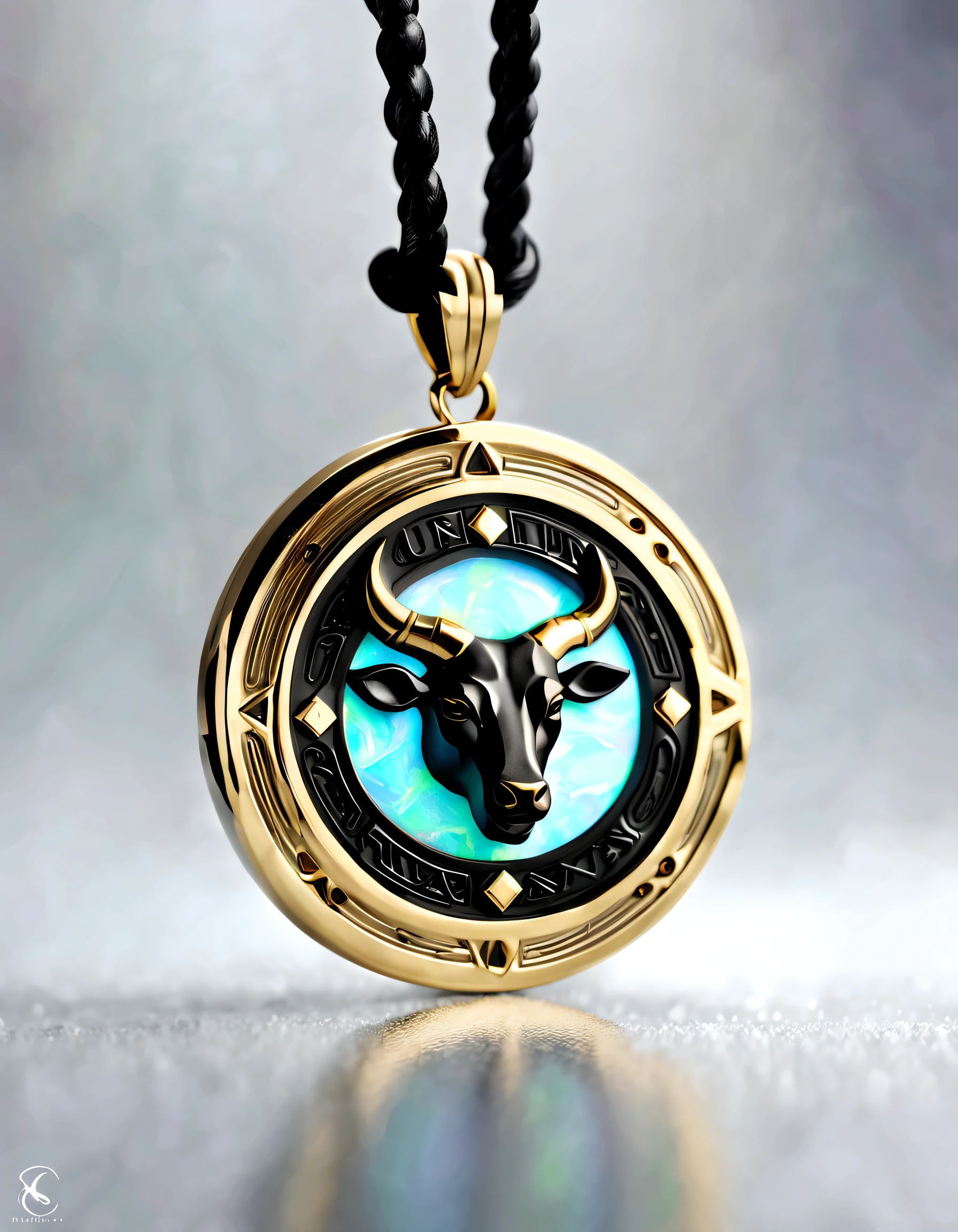 antonio canova style,Item design, Brand design, Logo design,
(Abstract Taurus black round pendant), (Engraved with a golden calf head), (double opal: 1.3), (Taurus zodiac symbol: 1.2), (Cindy Xu letters are engraved on the side), (Black leather rope), (Black gold border: 1.1), Frosted process, Geometric patterns, Black stone, Exquisite and complex structure, Boho Style, Van Cleopal, cartier,
Background with: The white, jewelry photography, hyper HD, high qulity,