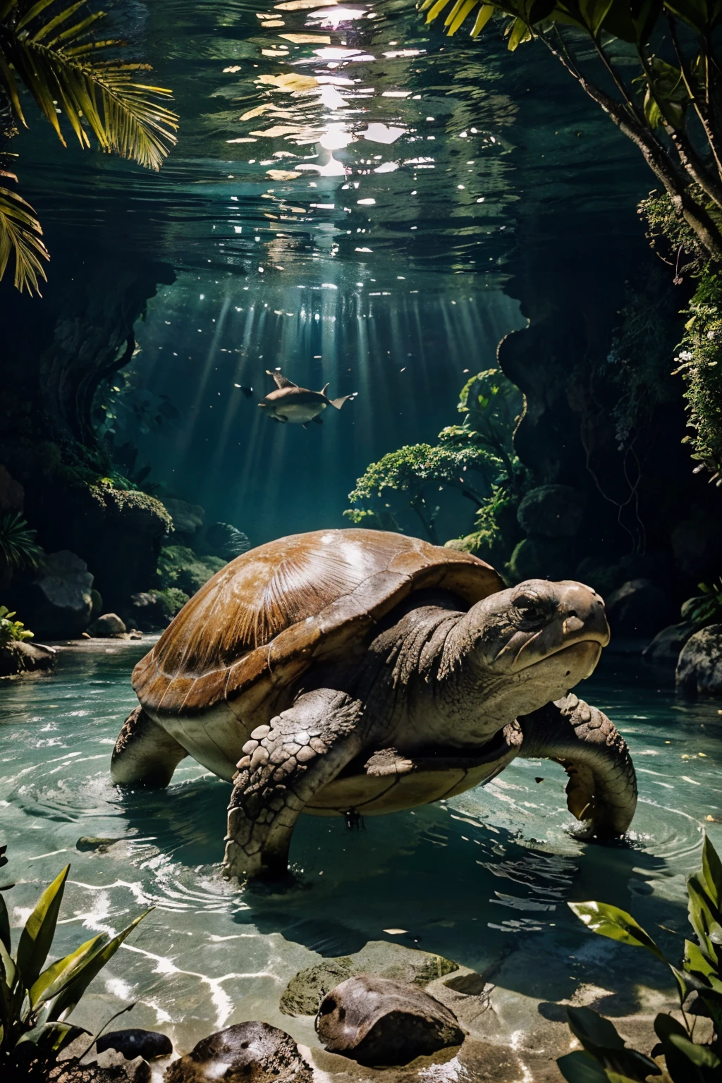 “Imagine a colossal, ancient giant turtle gracefully swimming through the depths of the ocean. Its massive shell is adorned with a lush and vibrant forest, complete with towering trees, colorful flora, and a hidden temple nestled among the foliage. The turtle moves with a serene and steady pace, creating ripples in the water as it carries this miniature ecosystem atop its back. Capture the breathtaking moment when the sunlight pierces through the water, illuminating the turtle’s majestic presence and casting enchanting shadows on the surrounding marine life. Let your imagination run wild and create a visually captivating scene that showcases the harmonious coexistence of nature, mythology, and the vastness of the ocean.”