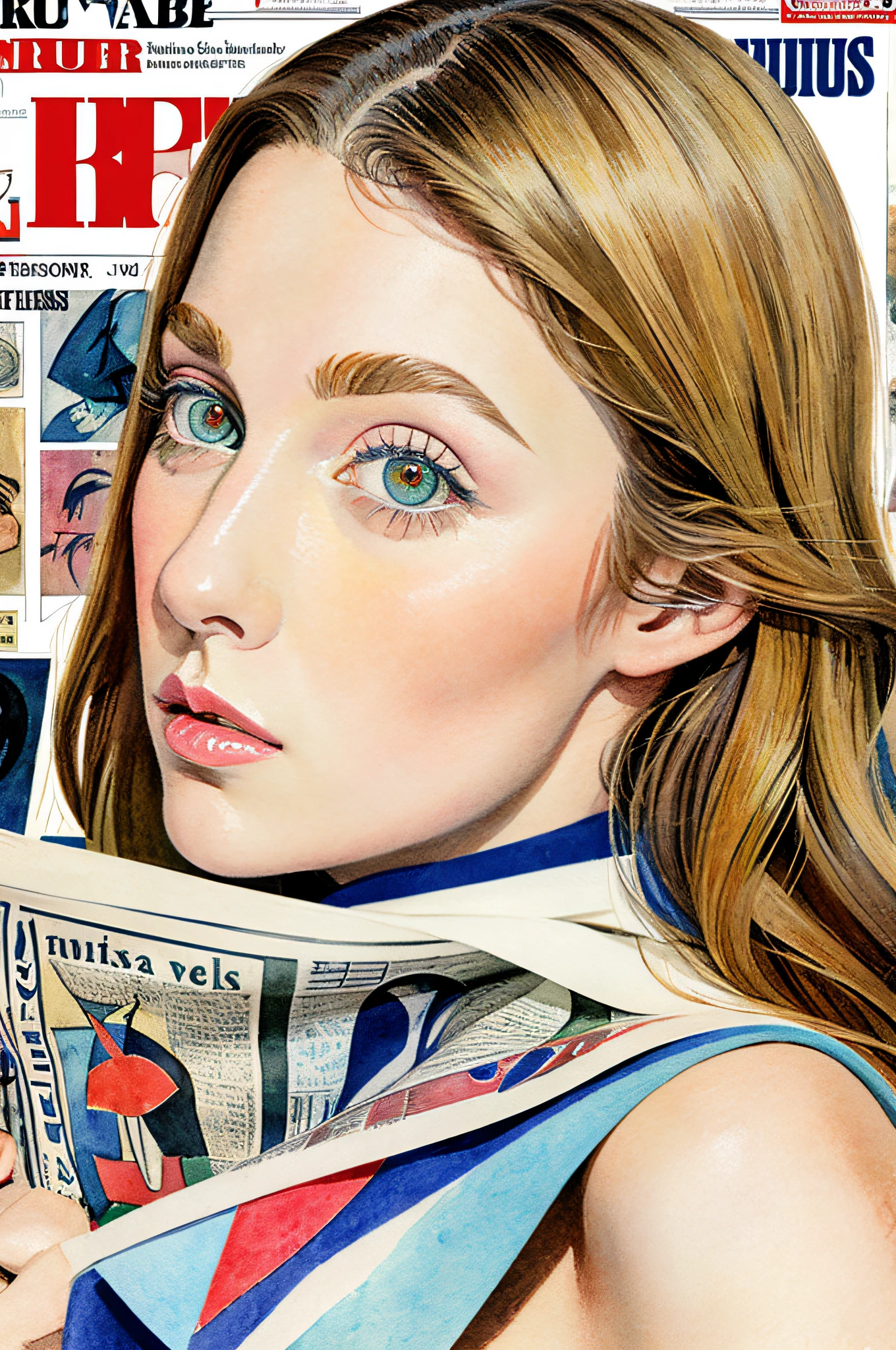 Sketched, watercolor paiting, Collage of Picasso and Robert Delaunay, cubism, Abstract, Cute daughter, big clear blue eyes, Little red cheeks, Blonde long-haired, Face-centric, Against the backdrop of newspapers and fashion magazines, Intricate Brushwork, high-level image quality, A breathtaking masterpiece