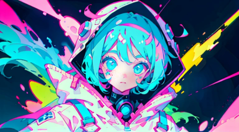 Anime Girl、cute little、2D Beautiful Girl, Wearing an astronaut suit, Neon blue hair, And pink color, wounds, a sticker, Neon style throughout the shot, Cool pose
