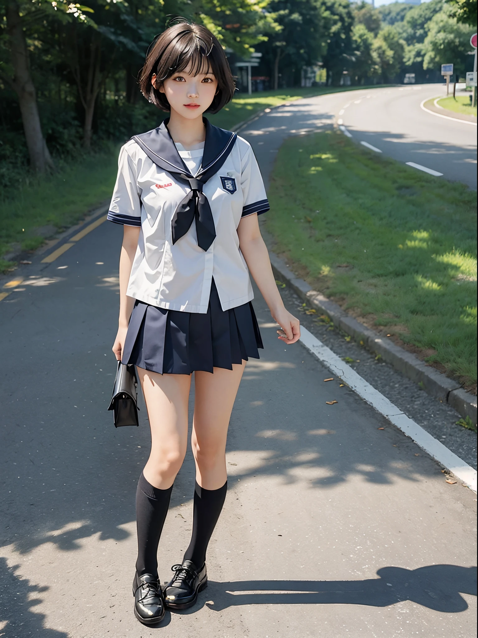 Perfect composition, Proper placement, Golden Ratio, masterpiece,  best quality,  high definition ,  one  Girl,  Beautiful  Woman, full body focus, full body shot, view the viewer, standing,  Wearing a Japanese High School Sailor Suit:1.331, Summer short sleeve uniform ,  red ribbon,  Anatomically Correct Ratio :1.331,  has a small head :1.331, Slender body:1.331,  thin waist:1.331, Thin limbs:1.331,  medium breasts, Brown Hair,  short cut hair,  bare legs, white pin heels, wet hair ,  wet skin , Wet clothes, rain, Summer evening, rain:1.21, In a residential area:1.21,  old blurry photos, Faded photos , Light and Shadow, Movie Lighting, 