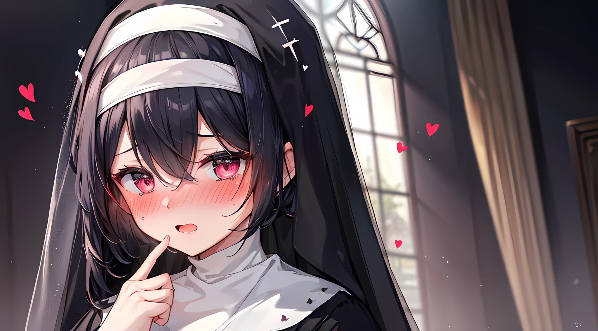 masterpieces, 8k, ultra HD, prim, clothing, elegant pose, hand, nun, white veil, black hair, glare, (blushing: 1.5), open mouth, licking finger, heart eyes, murder