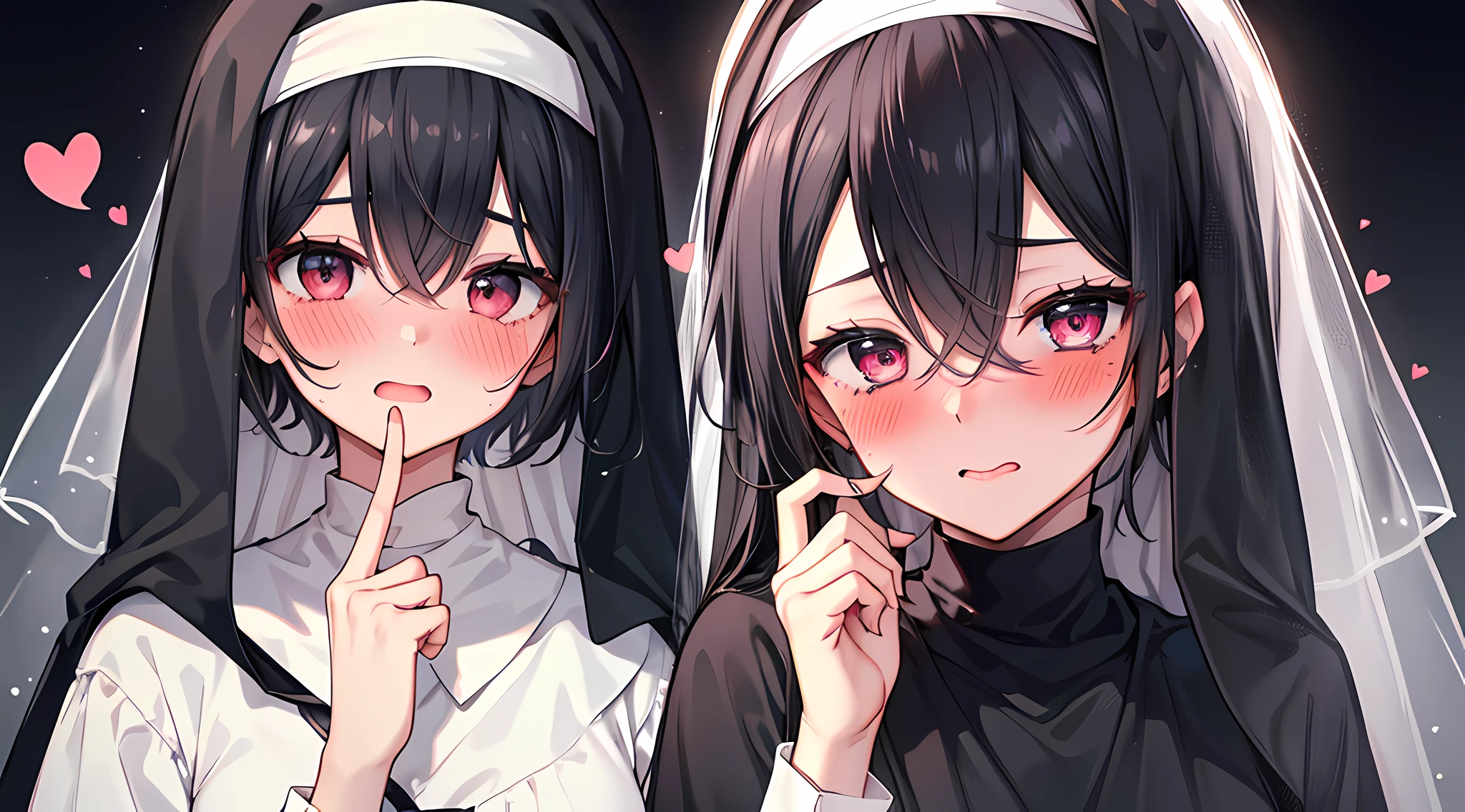 masterpieces, 8k, ultra HD, prim, clothing, elegant pose, hand, nun, white veil, black hair, glare, (blushing: 1.5), open mouth, licking finger, heart eyes, murder