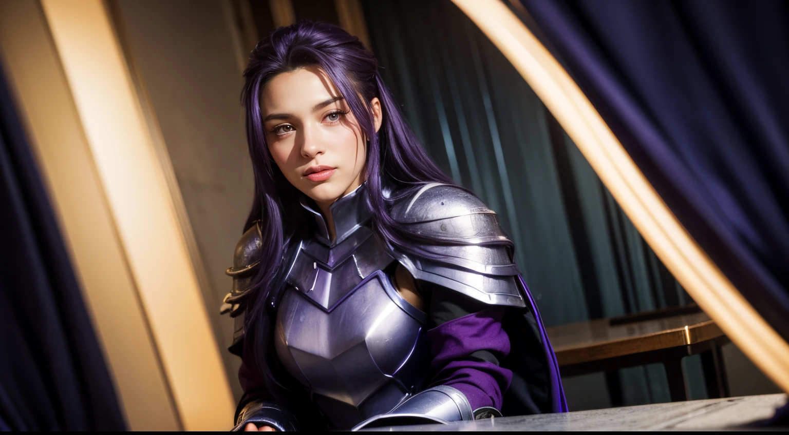 masterpiece, best quality, (realistic,photo-realistic:1.4), (RAW photo:1.2), extremely detailed CG unity 8k wallpaper, delicate and beautiful, amazing,finely detail, official art, absurdres, incredibly absurdres, huge filesize, ultra-detailed,extremely detailed eyes and face,light on face,(little smile),mito,(purple hair:1.4),(long hair:1.4),(wearing breast plate:1.5),(nature background:1.4),(ponytail:1.3),hair between eyes