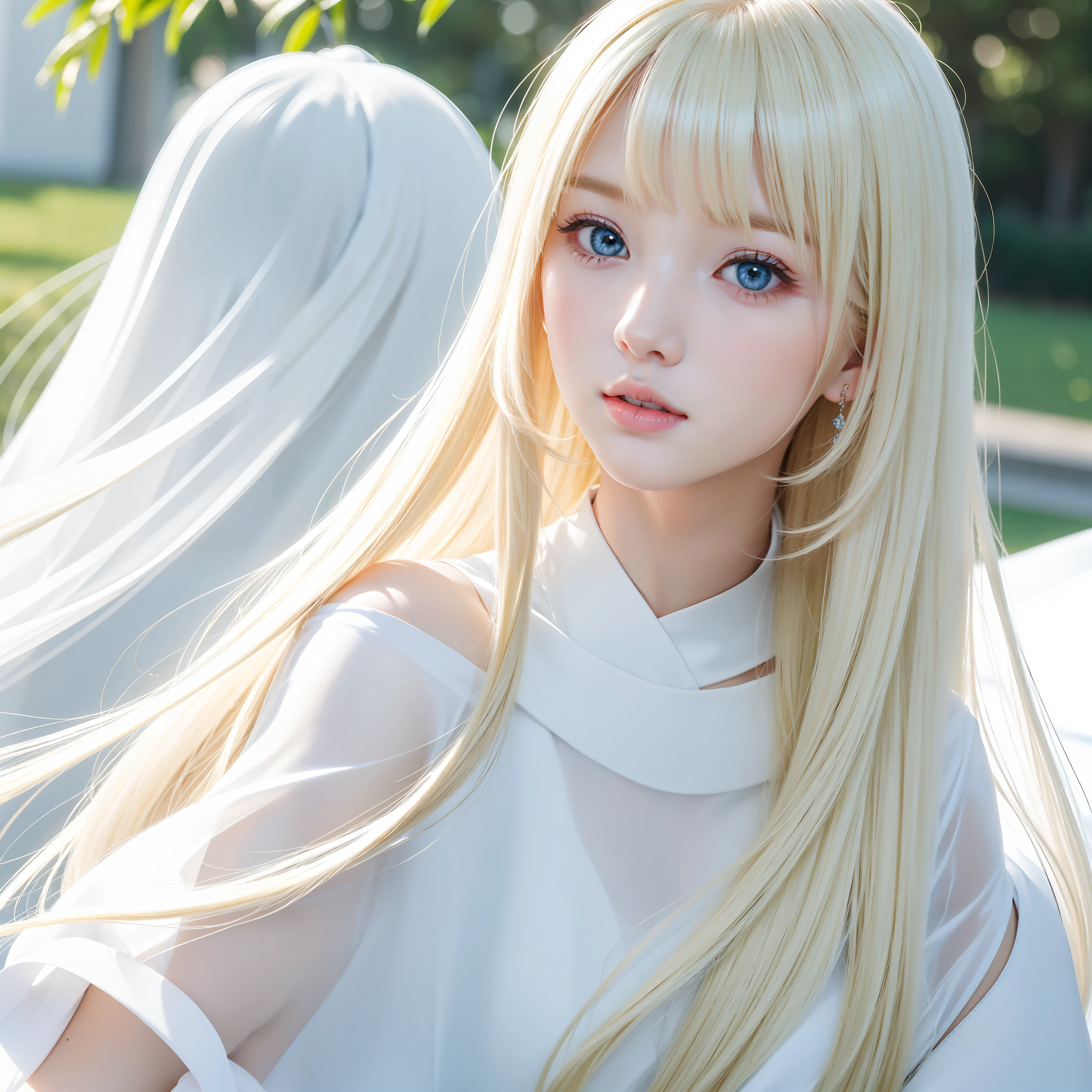 Beautiful shiny white glossy skin, incomparable extraordinary beauty, bright and refreshing gentle look, perfect beautiful cute face with shiny  blonde silky super long straight hair, beautiful shining bangs, very beautiful and pretty 15 yutiful girl, eyeliner, very perfect beautiful cute big clear light blue eyes