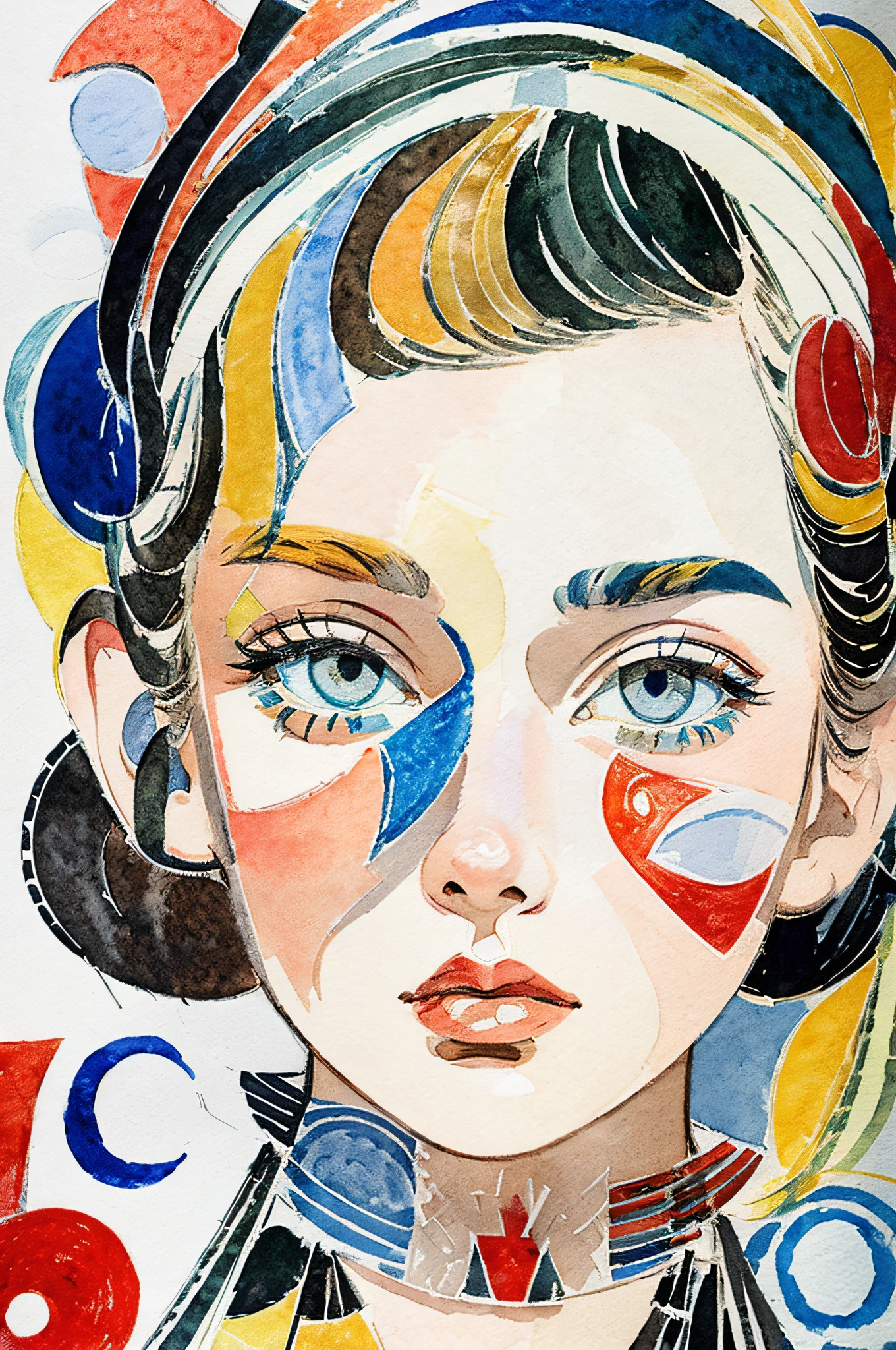 Sketched, watercolor paiting, Collage of Picasso and Robert Delaunay, cubism, Abstract, Cute daughter, big clear blue eyes, Little red cheeks, Blonde long-haired, Face-centric, Against the backdrop of newspapers and fashion magazines, Intricate Brushwork, high-level image quality, A breathtaking masterpiece