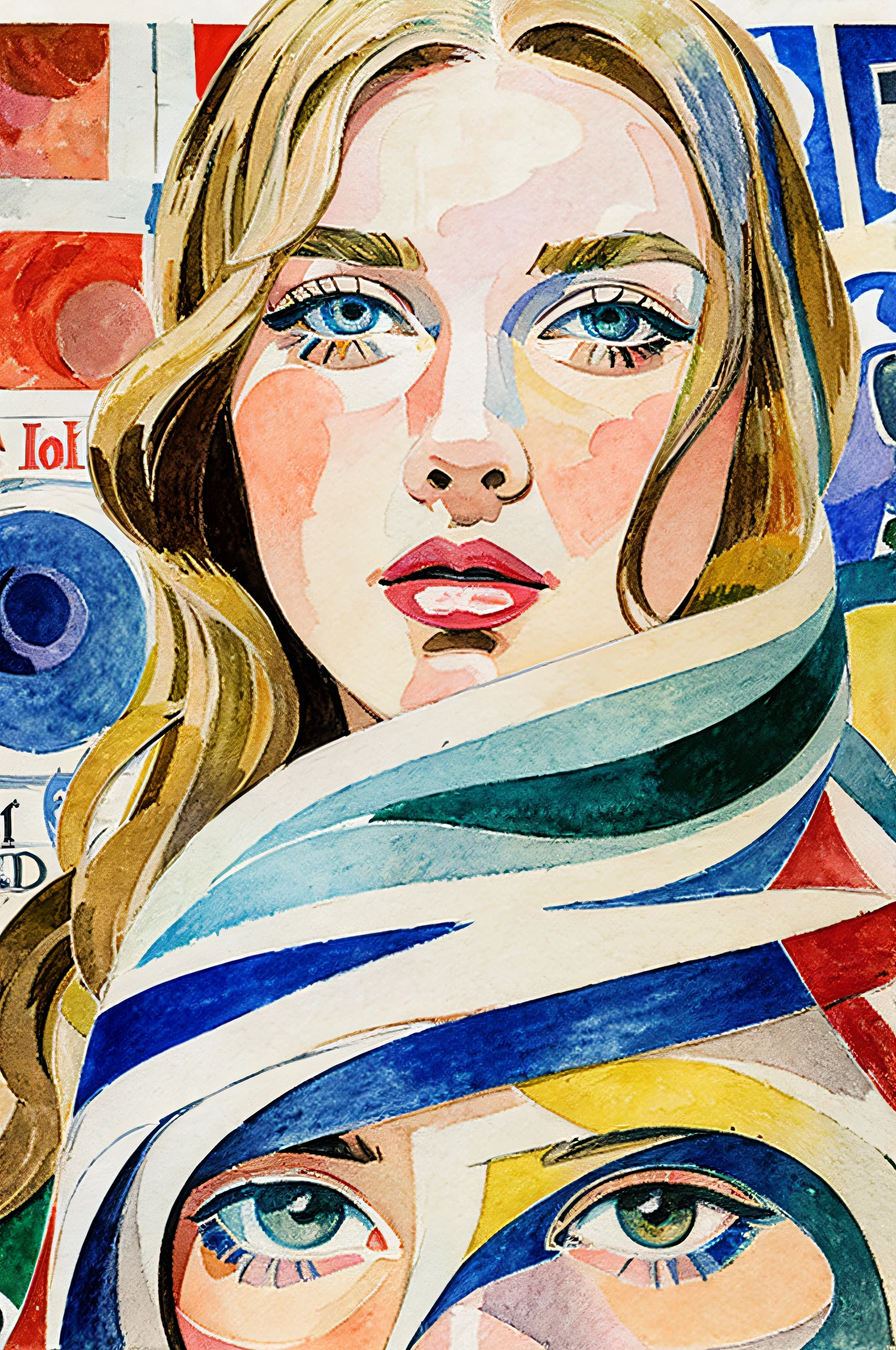 Sketched, watercolor paiting, Collage of Picasso and Robert Delaunay, cubism, Abstract, Cute daughter, big clear blue eyes, Little red cheeks, Blonde long-haired, Face-centric, Against the backdrop of newspapers and fashion magazines, Intricate Brushwork, high-level image quality, A breathtaking masterpiece