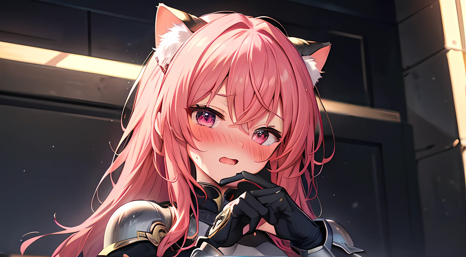 masterpieces, 8k, ultra HD, prim, armored knight suit, elegant pose, hand, cat eared girls, red hair, glare, (blushing: 1.5), open mouth, licking finger, heart eyes, murder