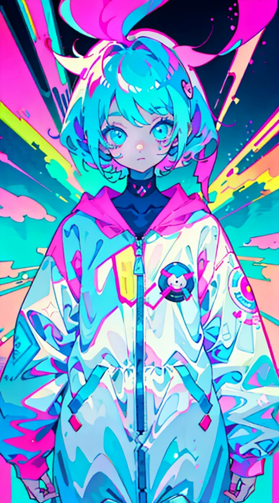Anime Girl、cute 、2D beautiful girl, Wearing an astronaut suit, Neon blue hair, And pink color, wounds, a sticker, Neon style throughout the shot, Cool pose