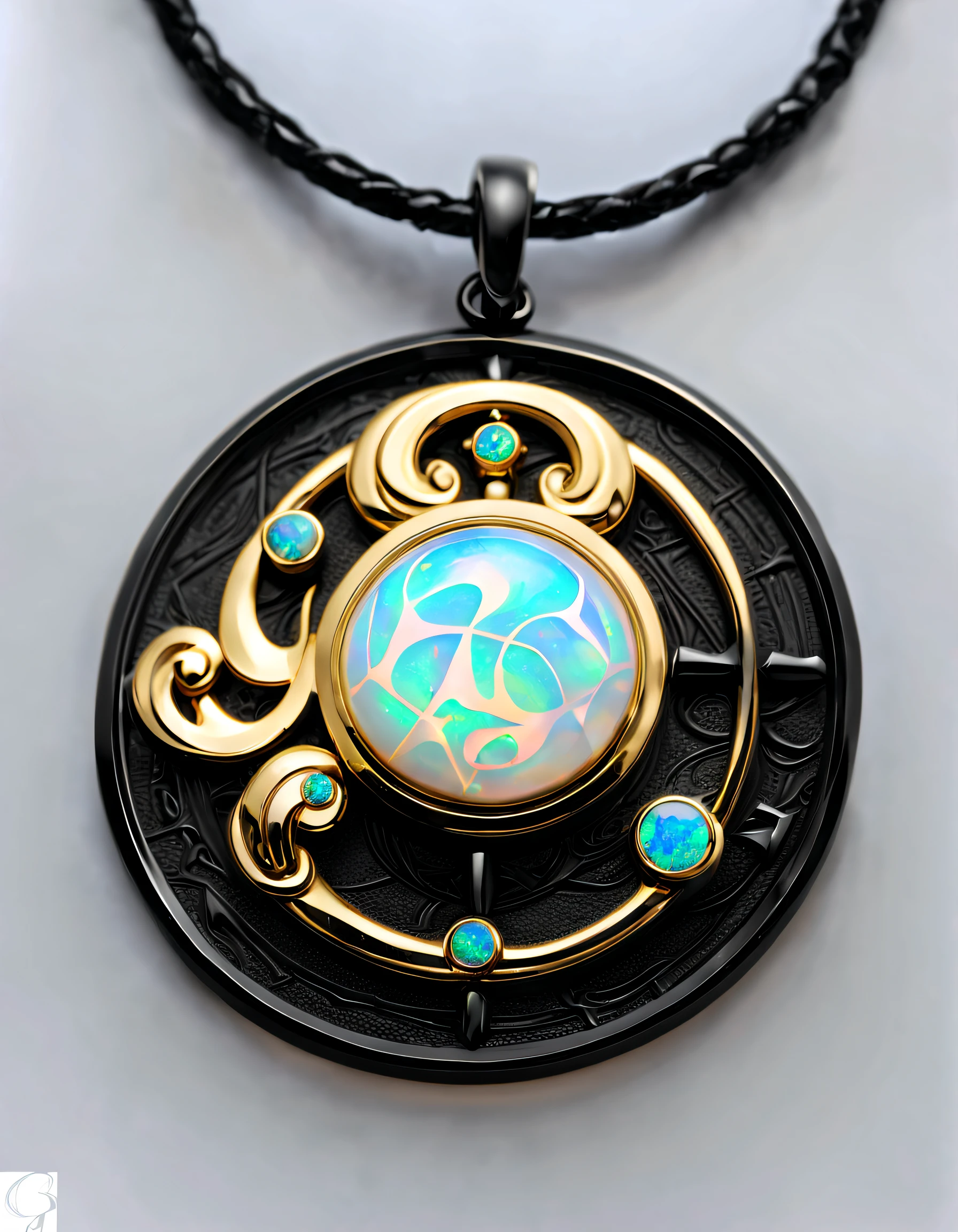 antonio canova style,Item design, Brand design, Logo design, (Abstract Gemini black round pendant), (Engraved golden Gemini head), (double opal: 1.3), (Gemini horoscope symbol: 1.2), (Cindy Xu letters are engraved on the side), (Black leather rope), (Black gold border: 1.1), Frosted process, Geometric patterns, Black stone, Exquisite and complex structure, Boho Style, Van Cleef & Arpels, cartier, Background with: The white, jewelry photography, hyper HD, high qulity,