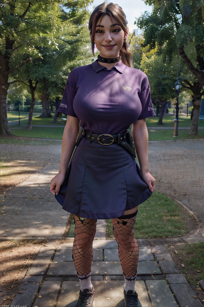 (8k, best quality, masterpiece:1.2), (realistic, photo-realistic:1.37), ultra-detailed, 1 girl,cute, solo, ,looking at viewer, purple clothes, fishnet, legwear, socks, shoes, ponytail, belt, skirt, sitting, green eyes, choker, big breasts, standing in a jungle, smiling